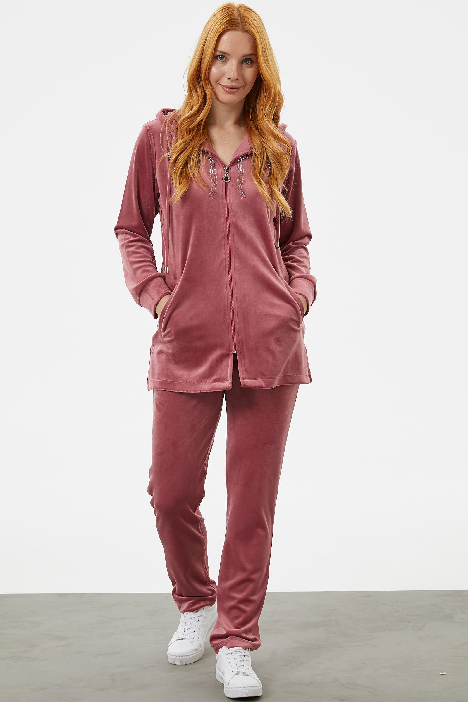 Tam Fermuarlı Kadife Taşlı Eşofman Takım - Gül Kurusu (4) Sementa