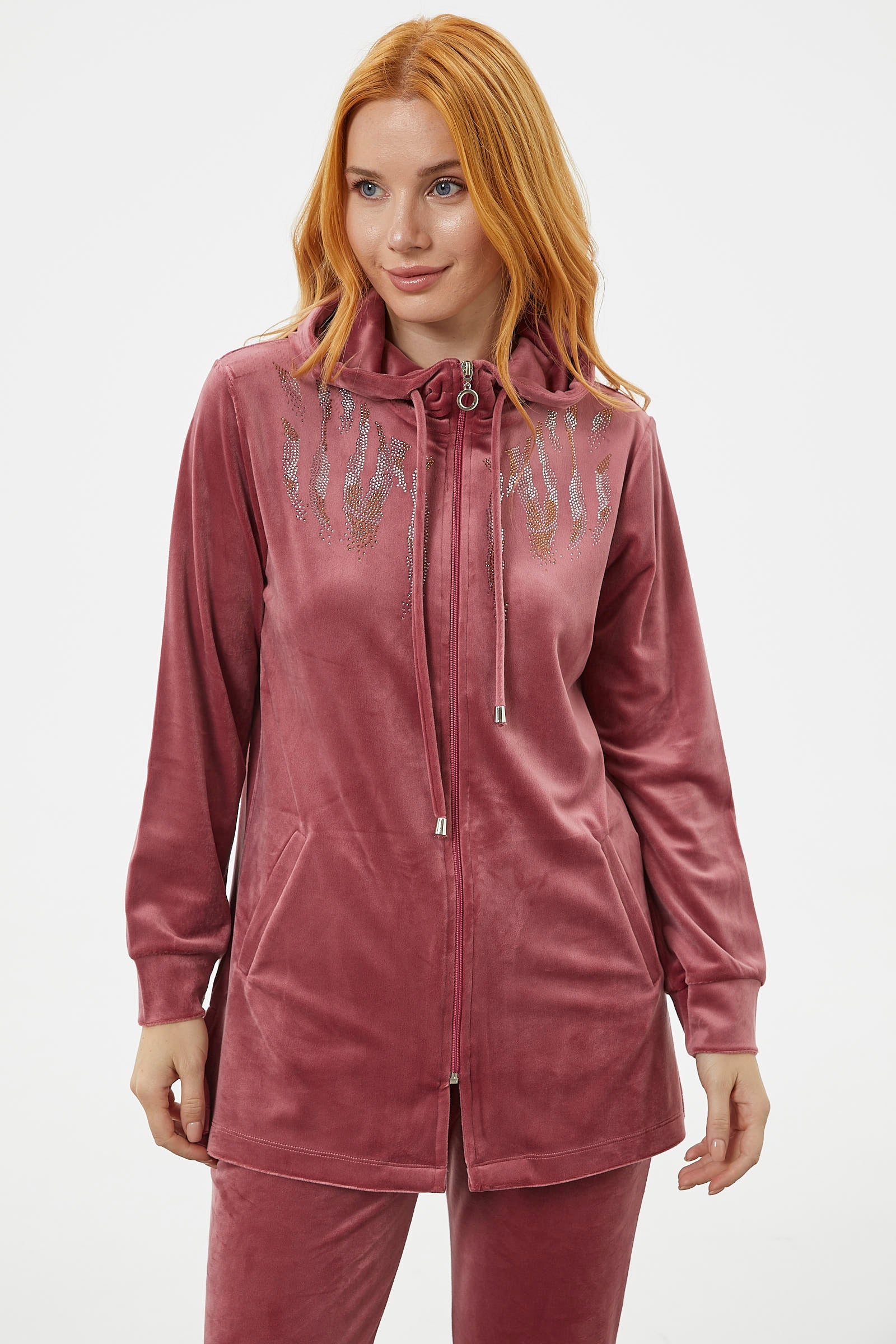 Tam Fermuarlı Kadife Taşlı Eşofman Takım - Gül Kurusu (5) Sementa