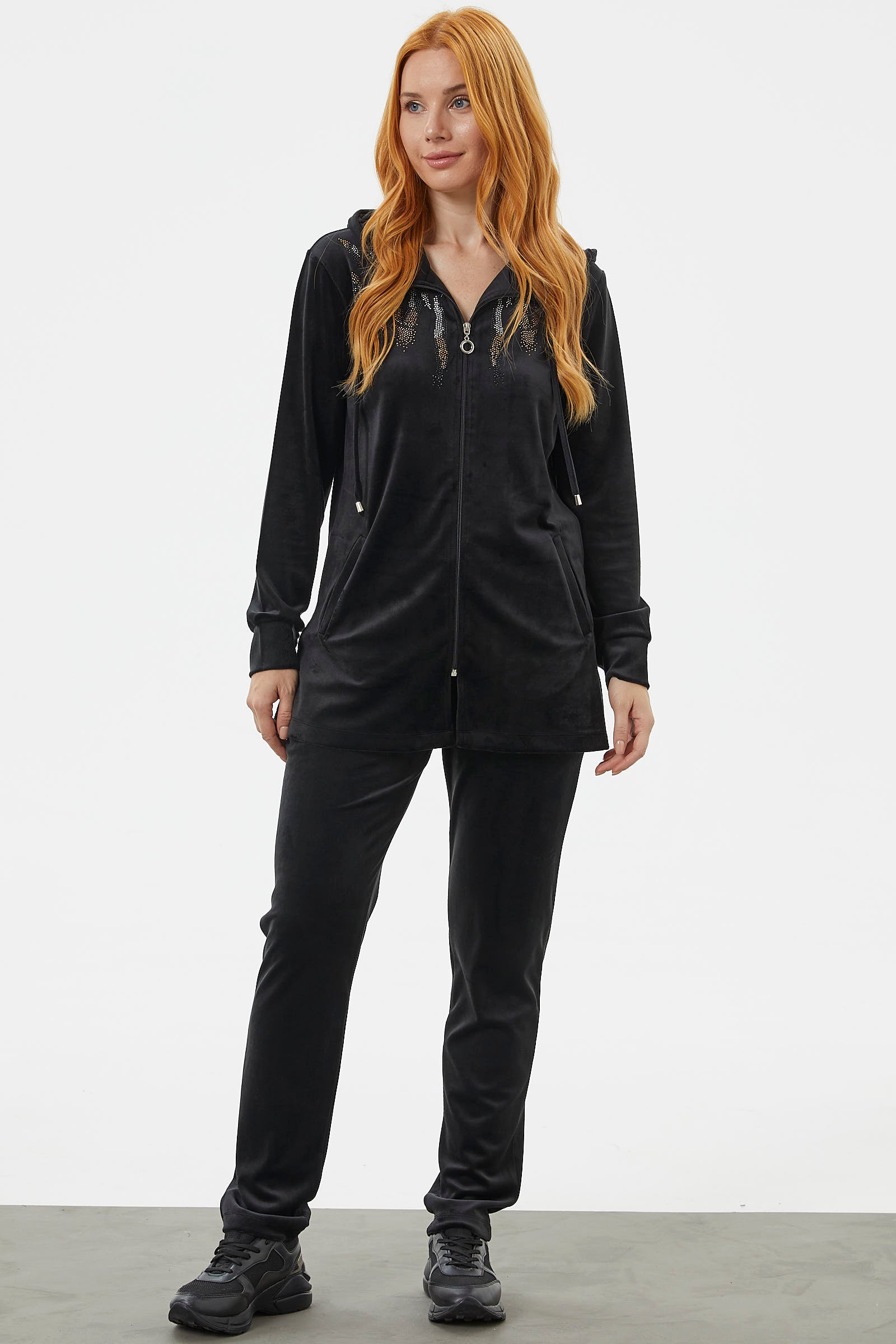 Tam Fermuarlı Kadife Taşlı Eşofman Takım - Siyah (2) Sementa