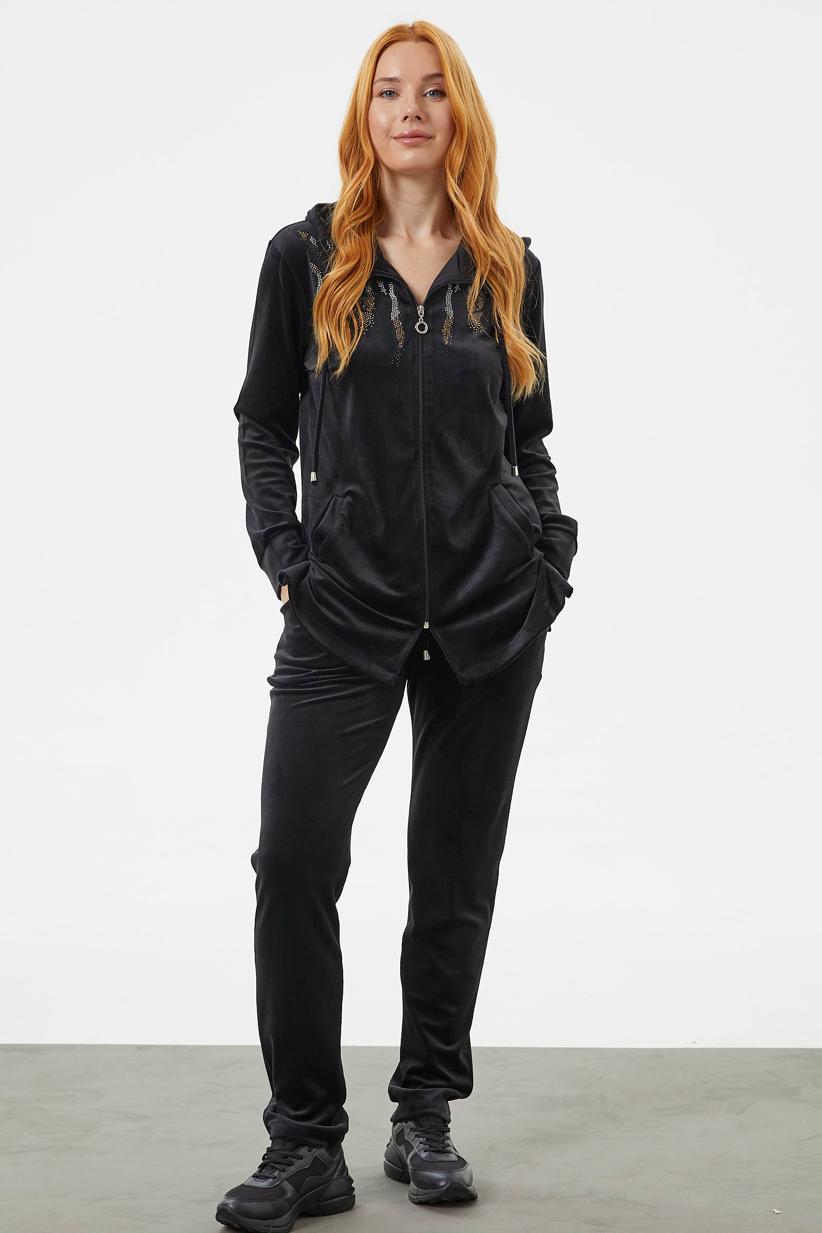 Tam Fermuarlı Kadife Taşlı Eşofman Takım - Siyah (3) Sementa