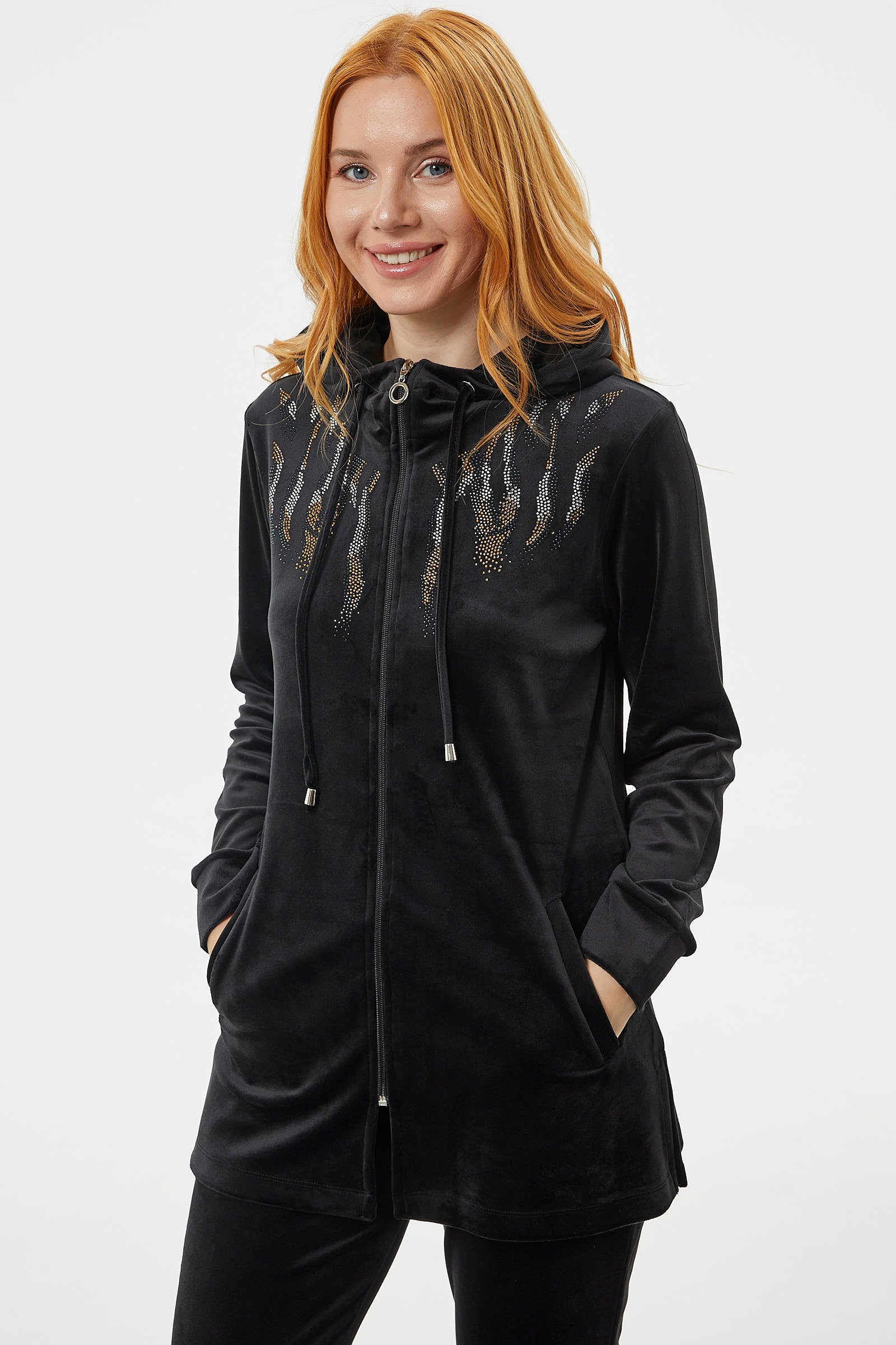 Tam Fermuarlı Kadife Taşlı Eşofman Takım - Siyah (5) Sementa