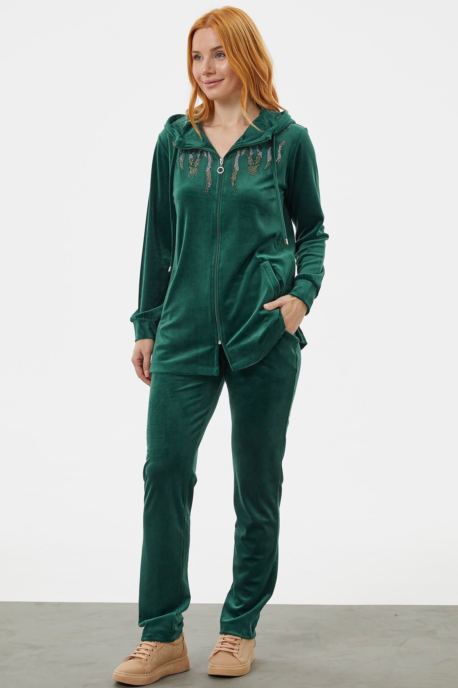 Tam Fermuarlı Kadife Taşlı Eşofman Takım - Yeşil (2) Sementa