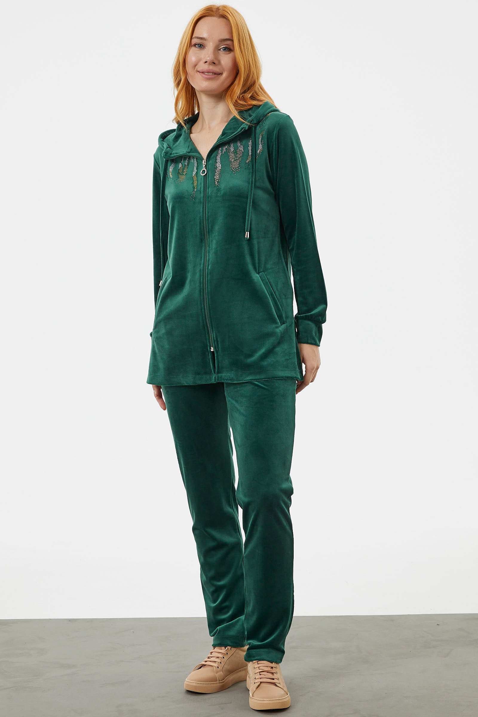 Tam Fermuarlı Kadife Taşlı Eşofman Takım - Yeşil (4) Sementa