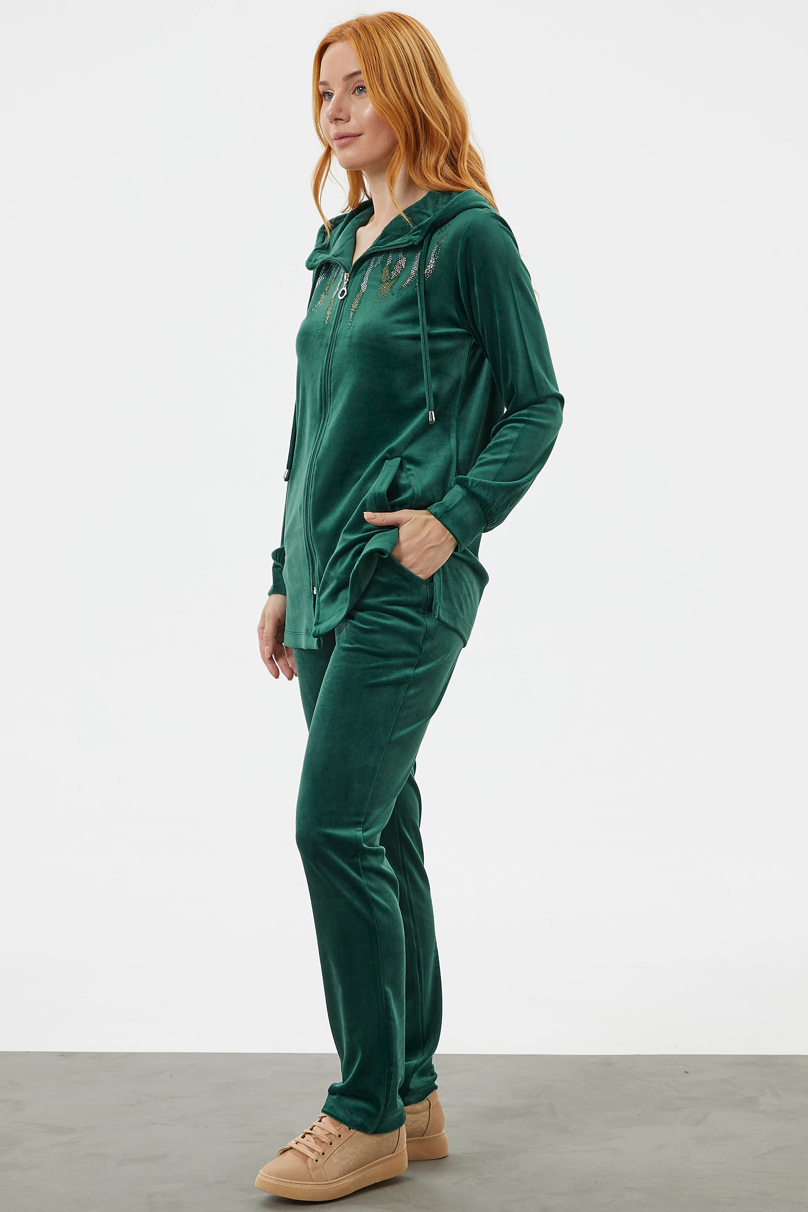 Tam Fermuarlı Kadife Taşlı Eşofman Takım - Yeşil (6) Sementa