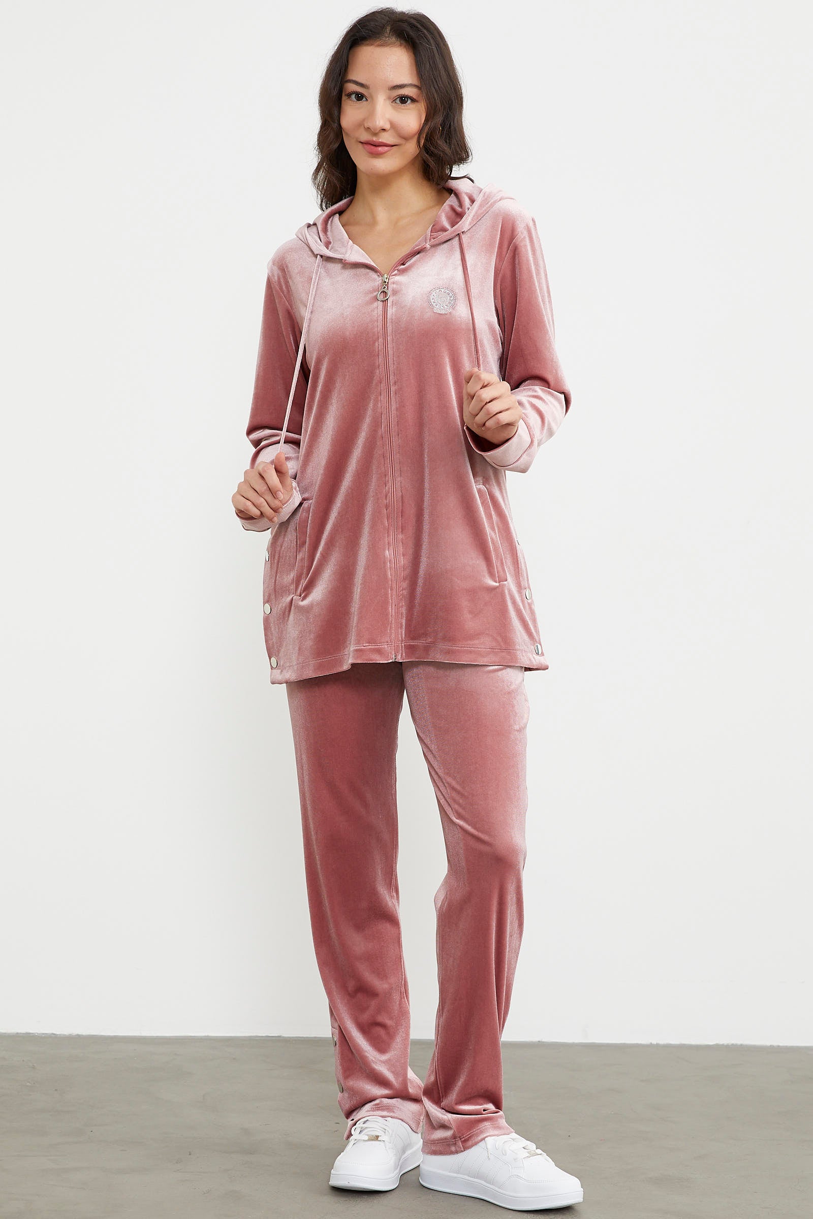 Tam Fermuarlı Tunik Boy Kadife Eşofman Takım - Pudra (3) Sementa