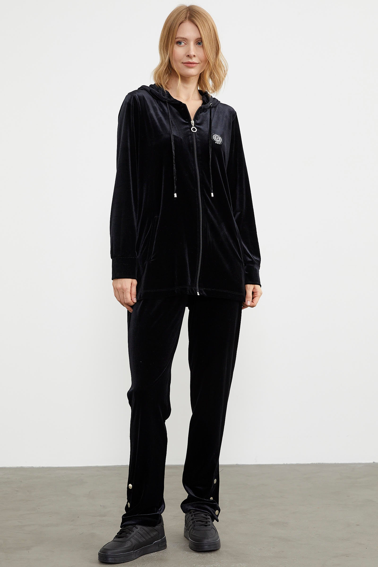 Tam Fermuarlı Tunik Boy Kadife Eşofman Takım - Siyah (4) Sementa