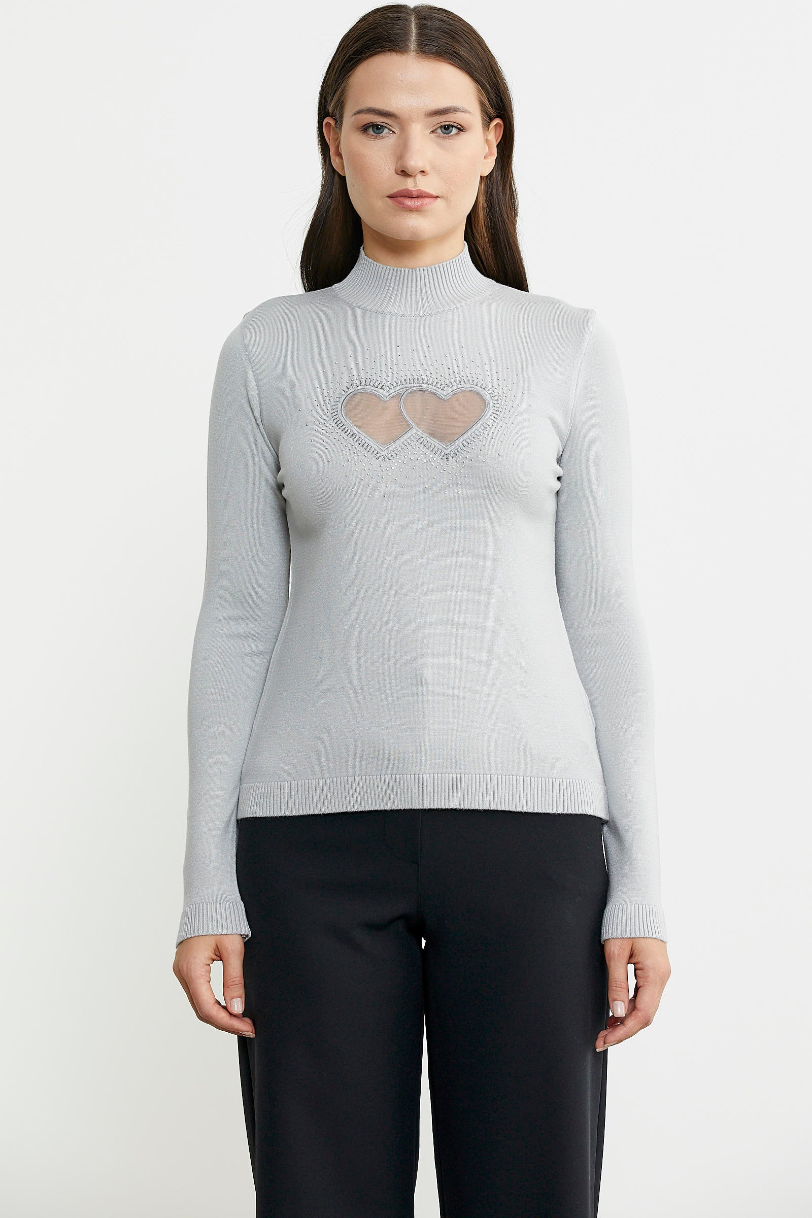 Taş Detaylı Dik Yaka Triko Kazak - Gri - Sementa