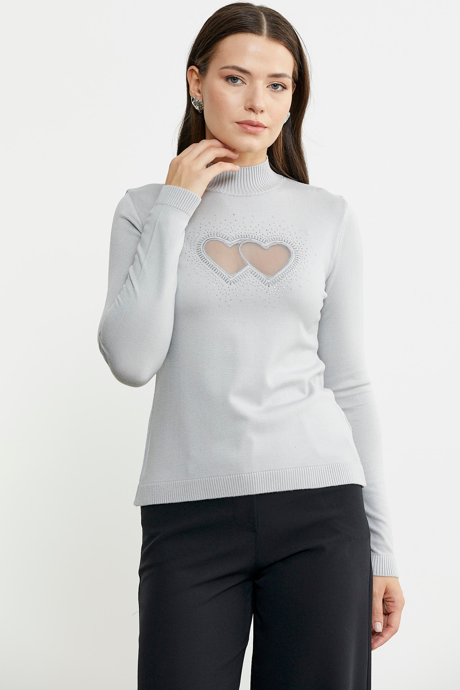 Taş Detaylı Dik Yaka Triko Kazak - Gri - Sementa