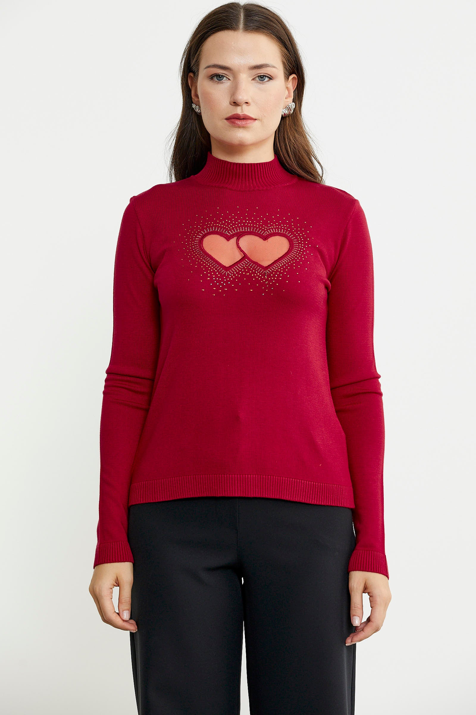 Taş Detaylı Dik Yaka Triko Kazak - Kırmızı - Sementa