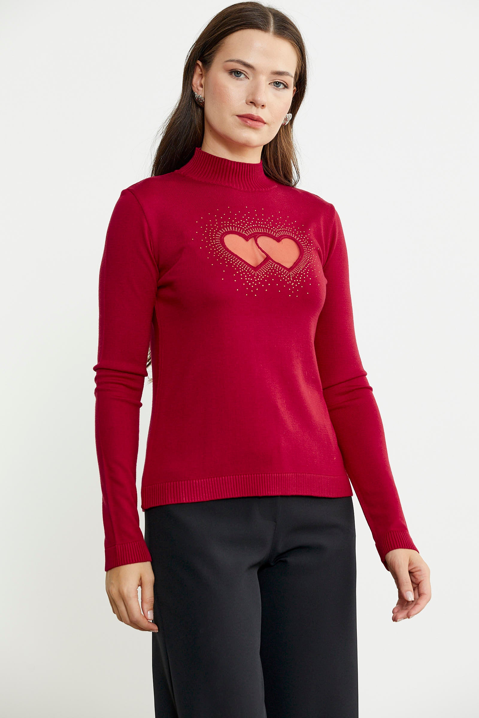 Taş Detaylı Dik Yaka Triko Kazak - Kırmızı - Sementa