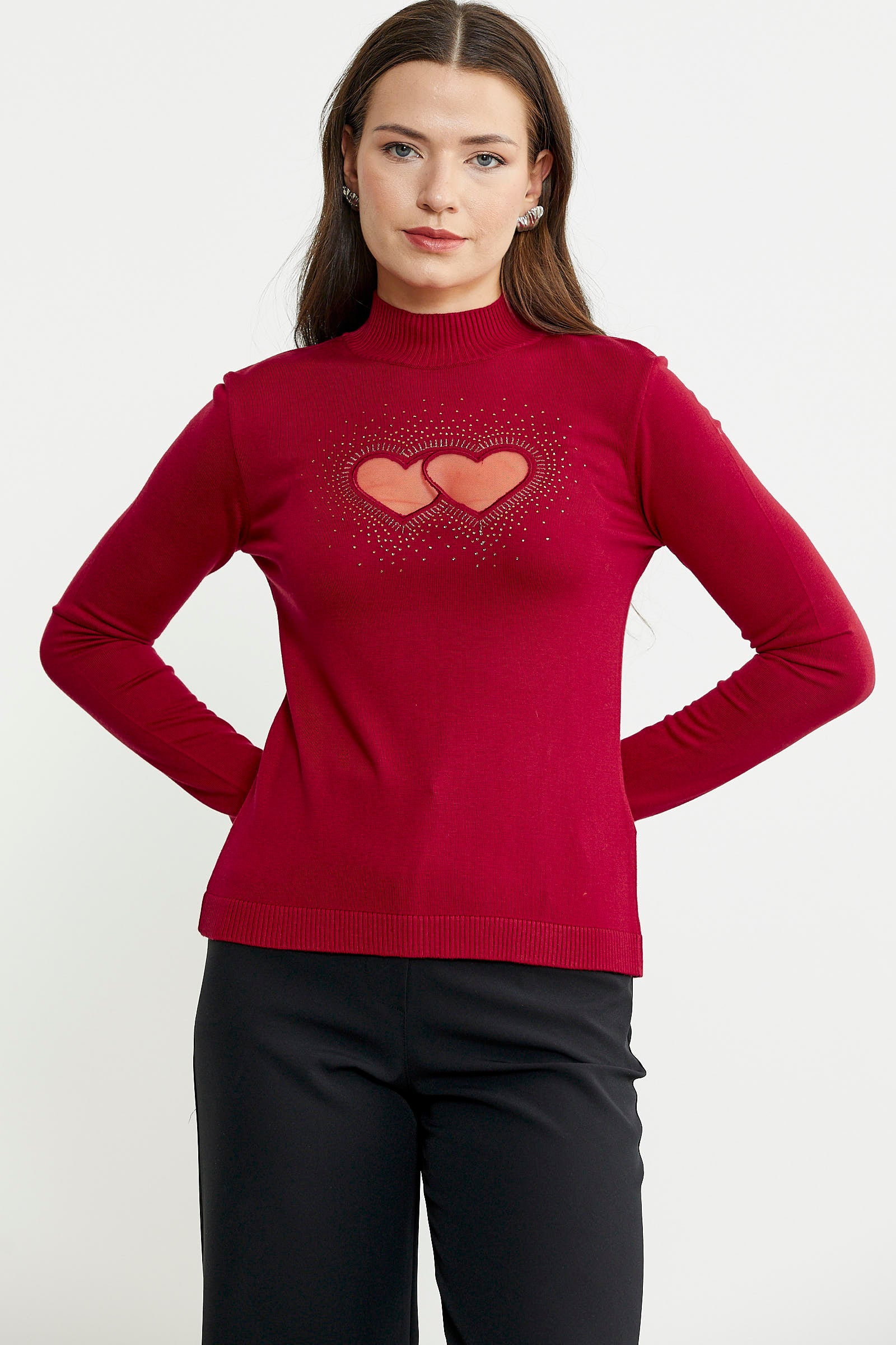 Taş Detaylı Dik Yaka Triko Kazak - Kırmızı - Sementa