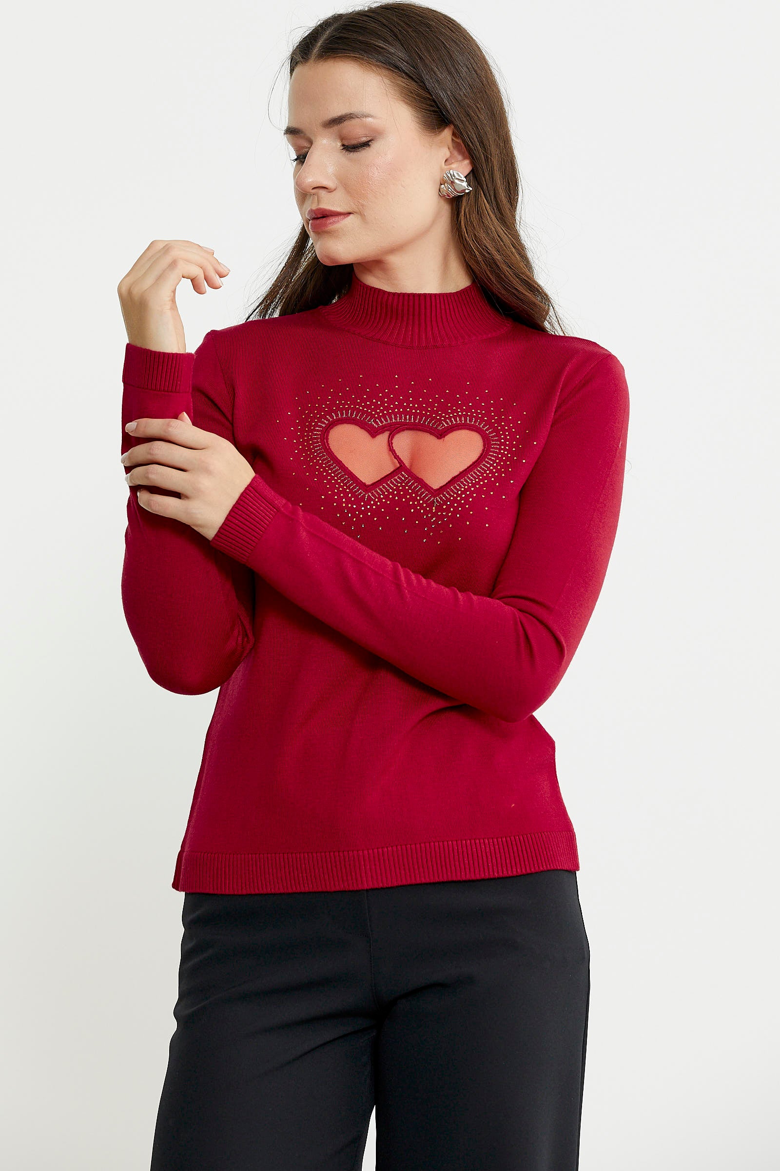 Taş Detaylı Dik Yaka Triko Kazak - Kırmızı - Sementa