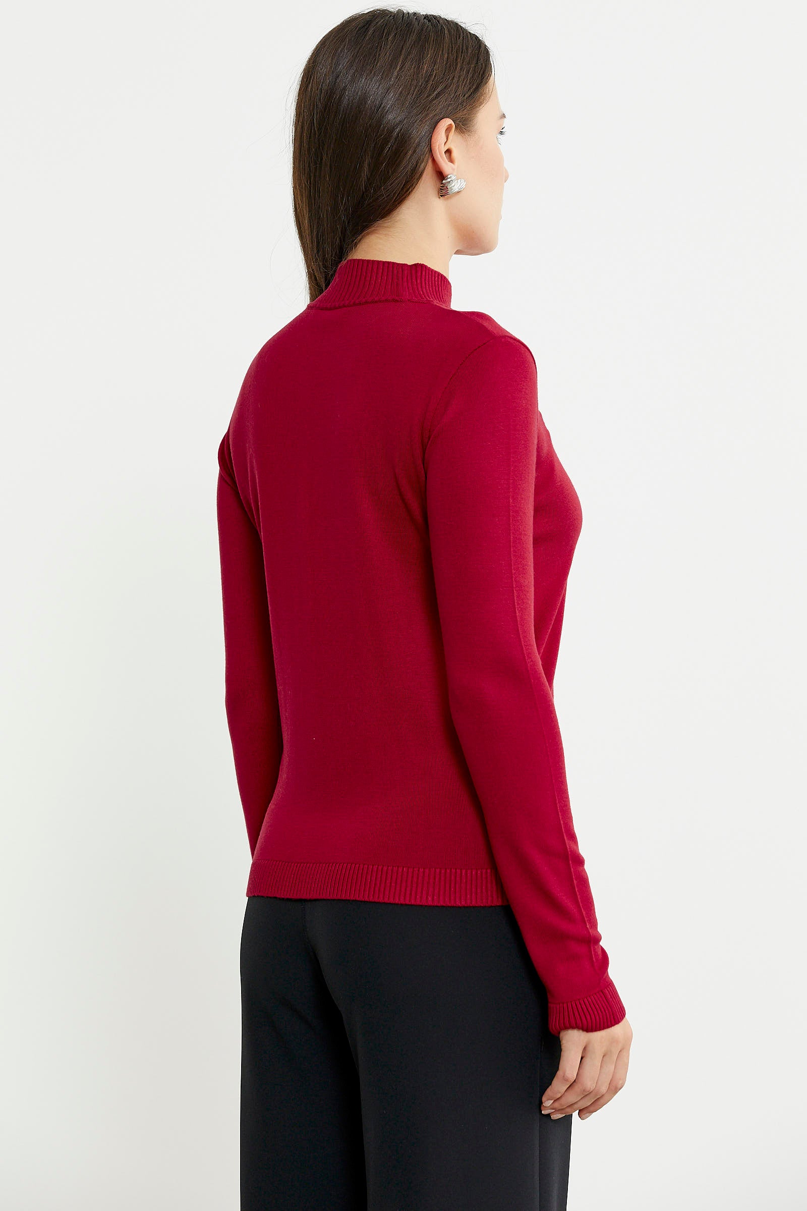 Taş Detaylı Dik Yaka Triko Kazak - Kırmızı - Sementa