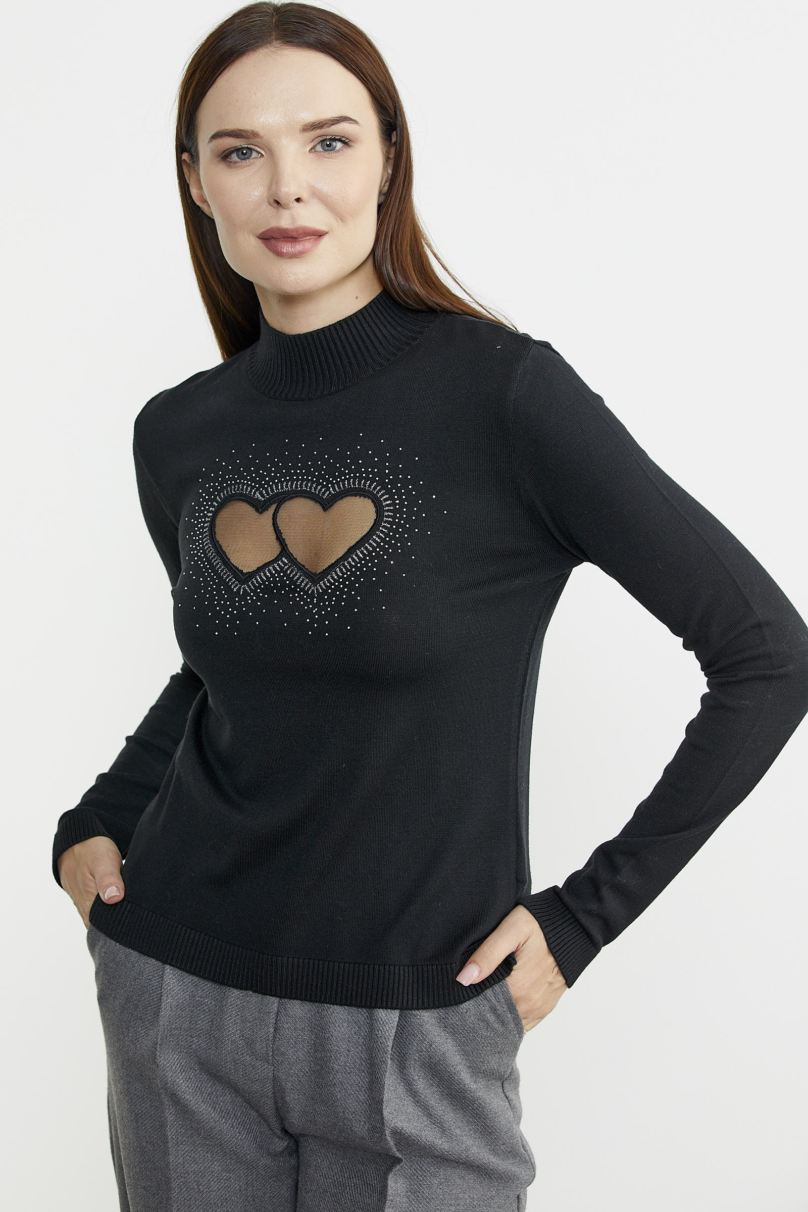 Taş Detaylı Dik Yaka Triko Kazak - Siyah - Sementa