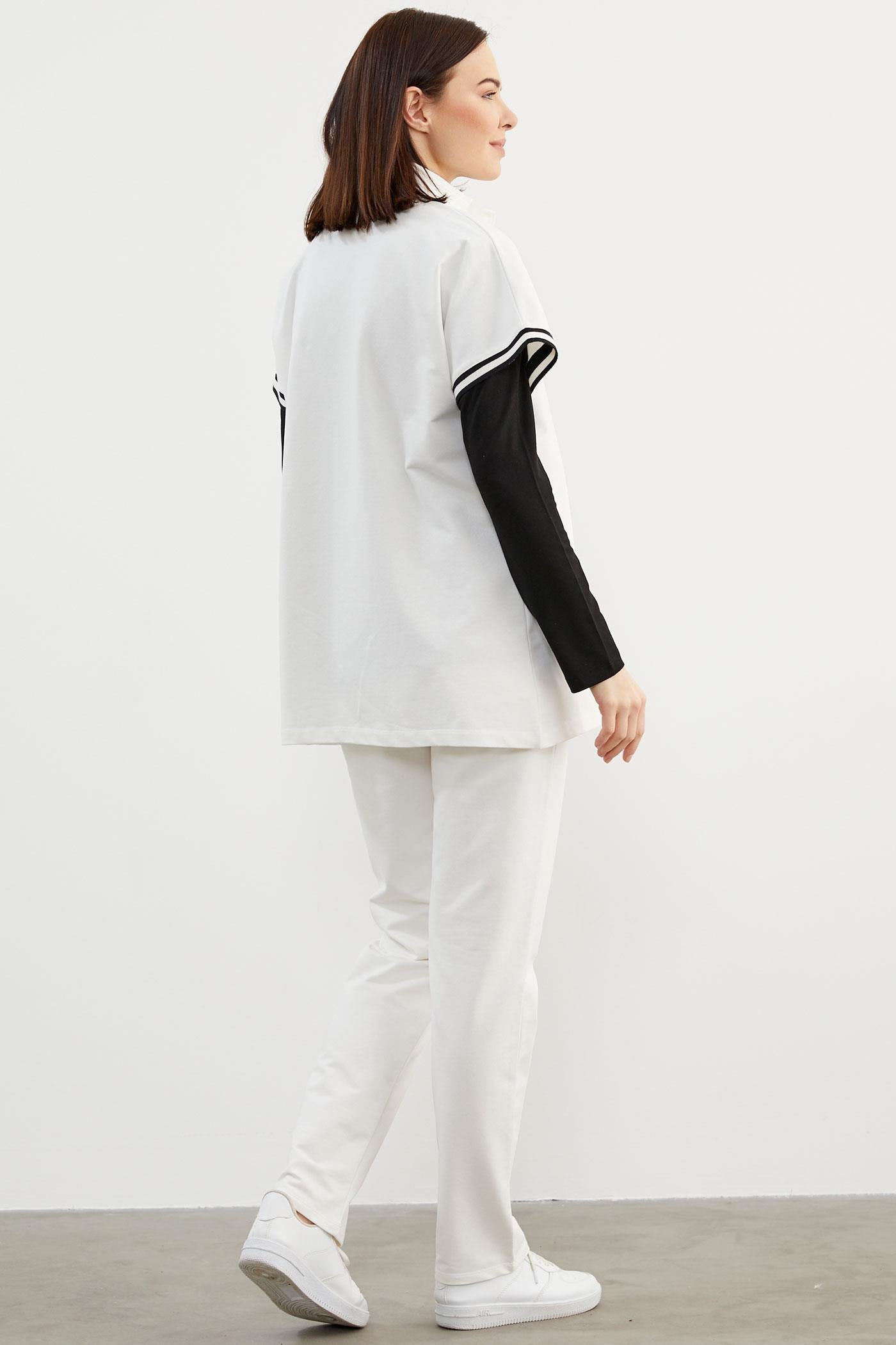 Taş Detaylı Geniş Kalıp Üçlü Eşofman Takım - Ekru (8) Sementa