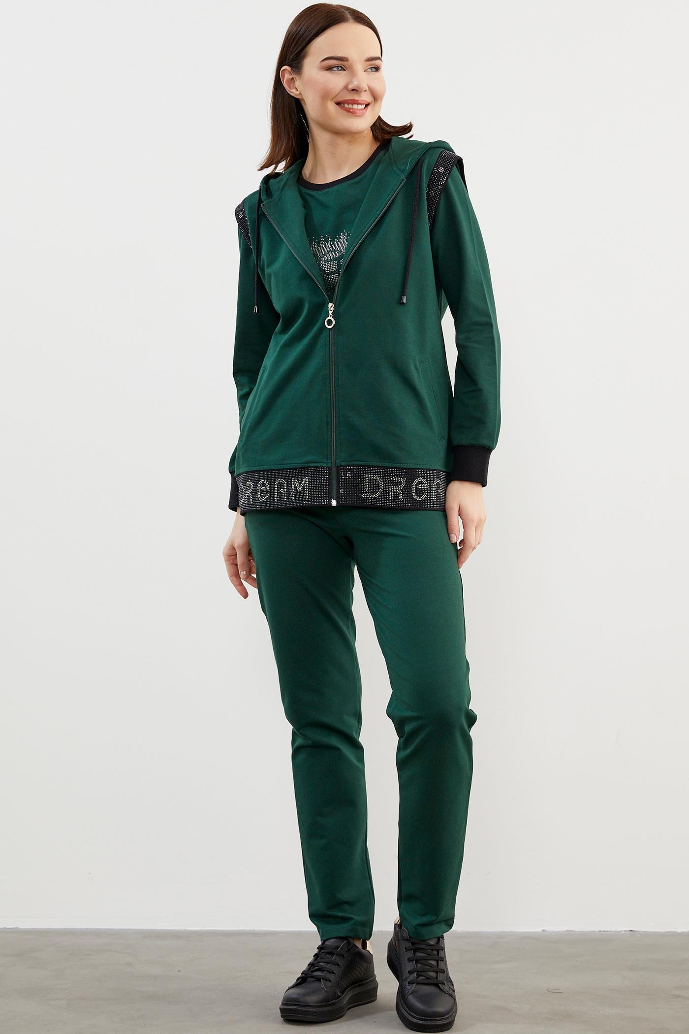 Taş Detaylı Geniş Kalıp Üçlü Eşofman Takım - Petrol (4) Sementa