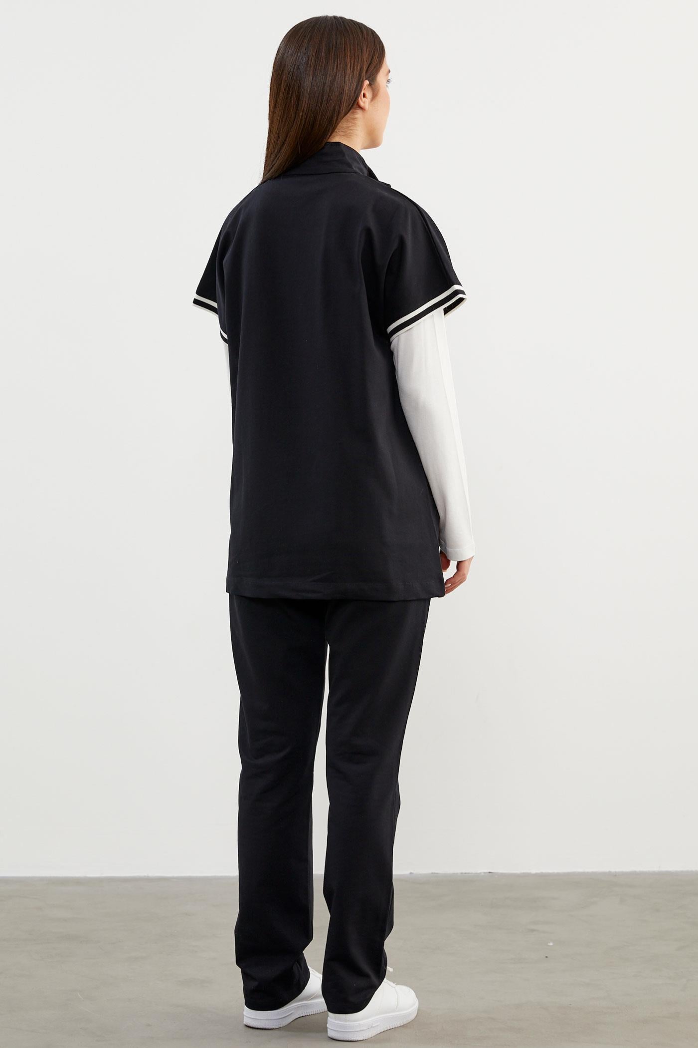 Taş Detaylı Geniş Kalıp Üçlü Eşofman Takım - Siyah (6) Sementa