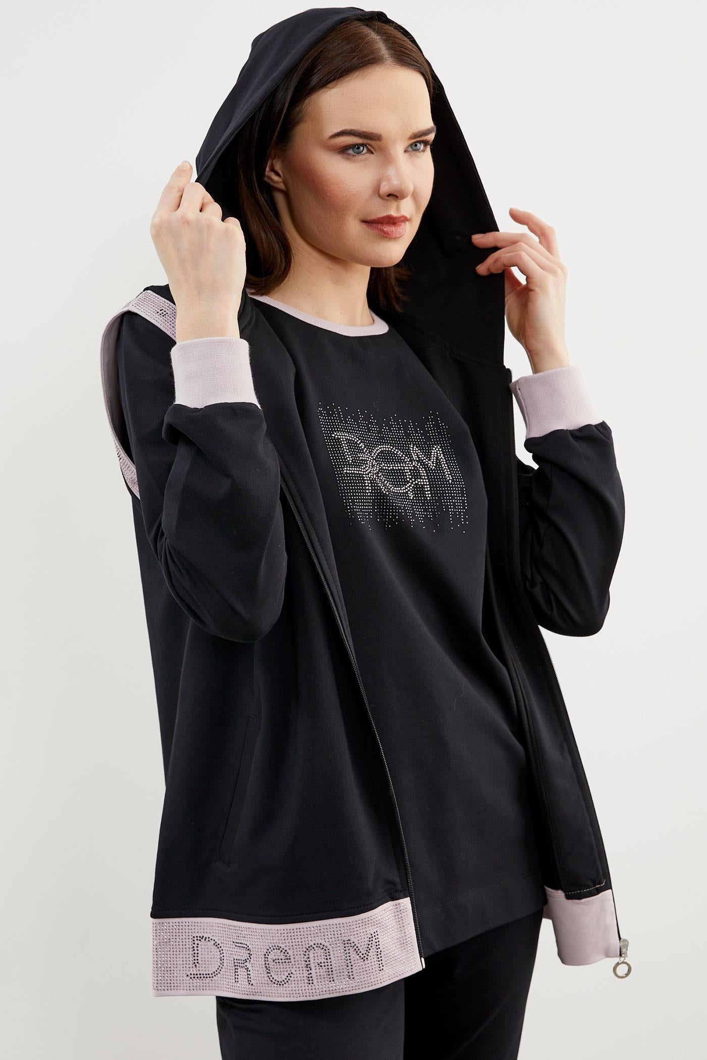 Taş Detaylı Geniş Kalıp Üçlü Eşofman Takım - Siyah (5) Sementa