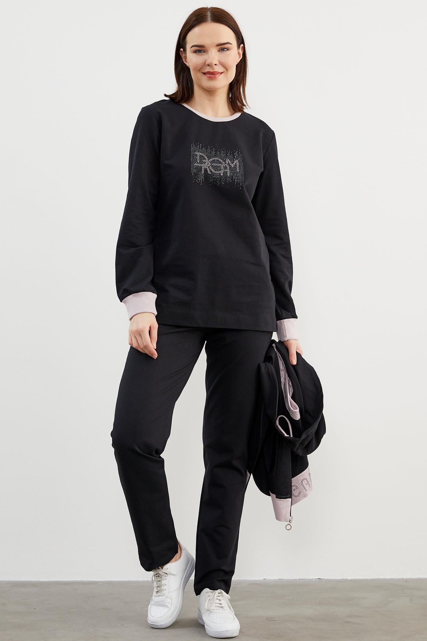 Taş Detaylı Geniş Kalıp Üçlü Eşofman Takım - Siyah (6) Sementa