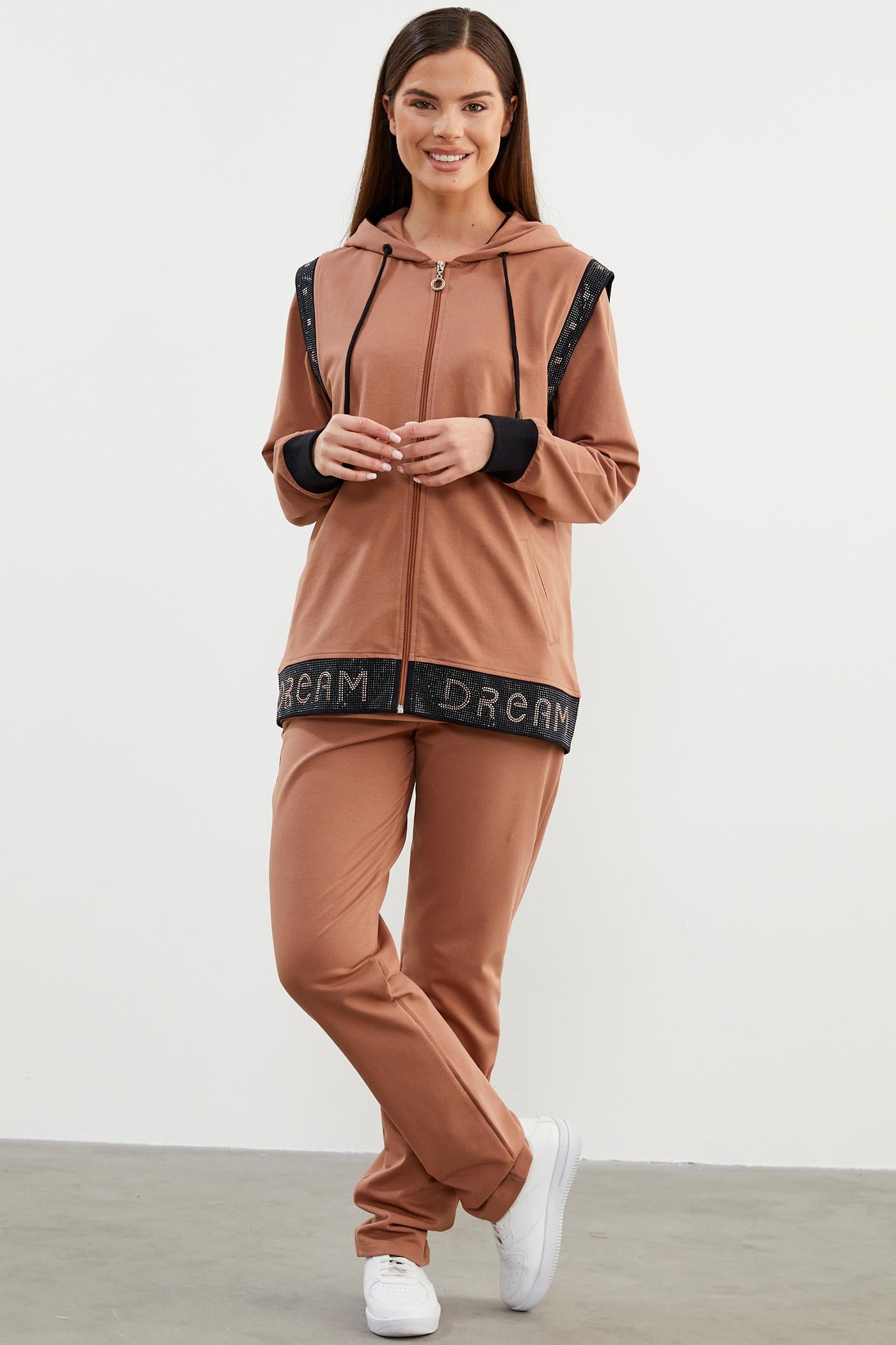 Taş Detaylı Geniş Kalıp Üçlü Eşofman Takım - Sütlü Kahve (6) Sementa