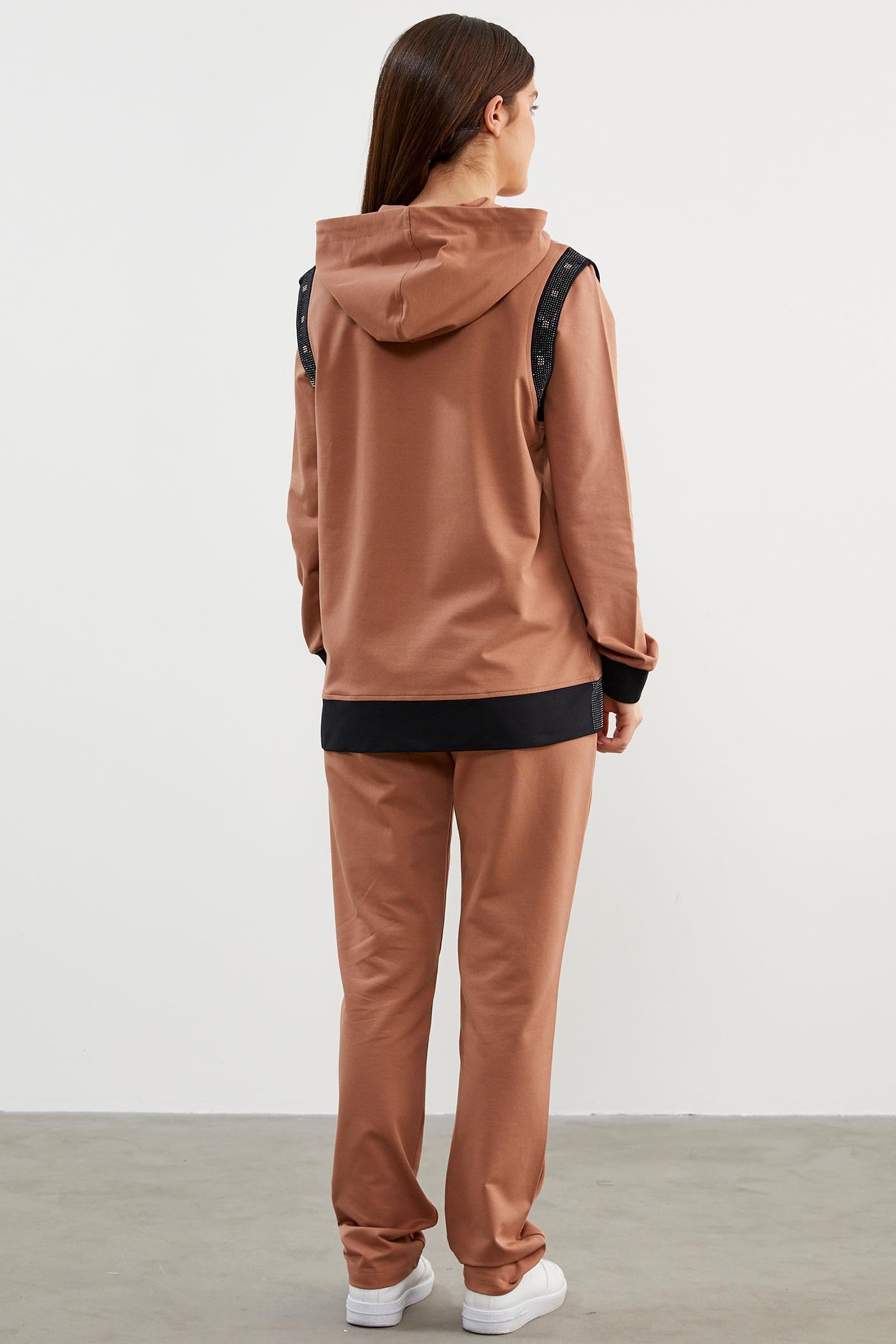 Taş Detaylı Geniş Kalıp Üçlü Eşofman Takım - Sütlü Kahve (7) Sementa