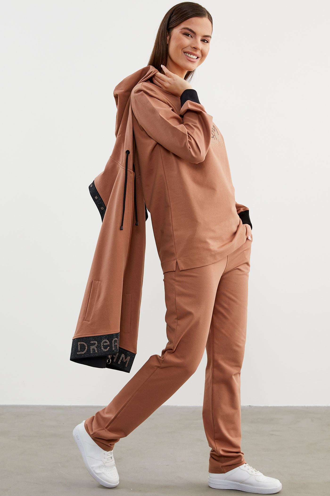 Taş Detaylı Geniş Kalıp Üçlü Eşofman Takım - Sütlü Kahve (8) Sementa