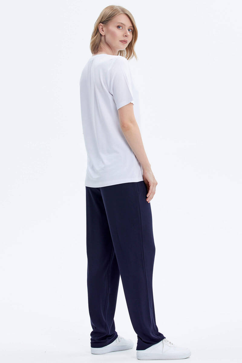 Taş Detaylı Geniş Yaka Penye Takım - Beyaz - Lacivert (5) Sementa