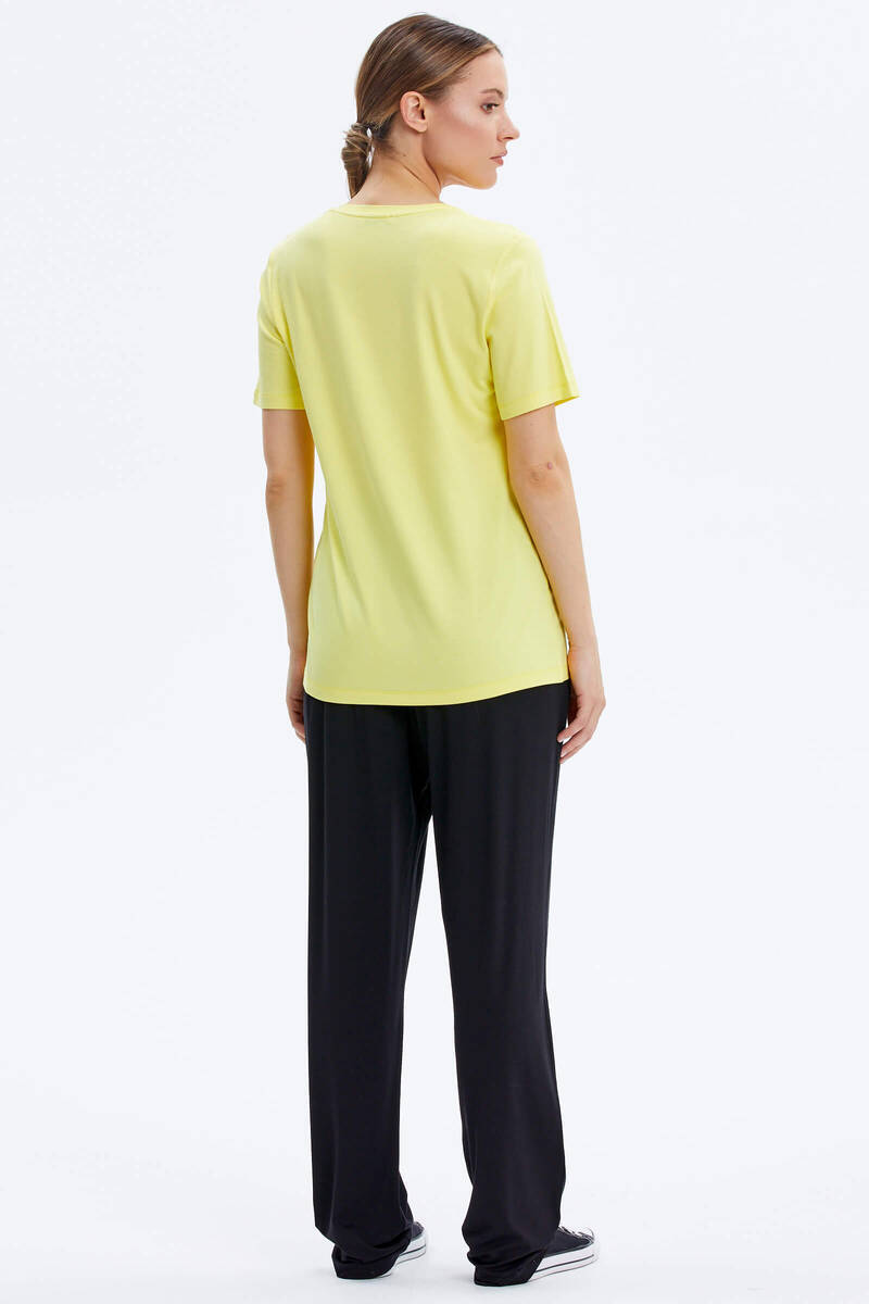 Taş Detaylı Geniş Yaka Penye Takım - Sarı - Siyah (5) Sementa