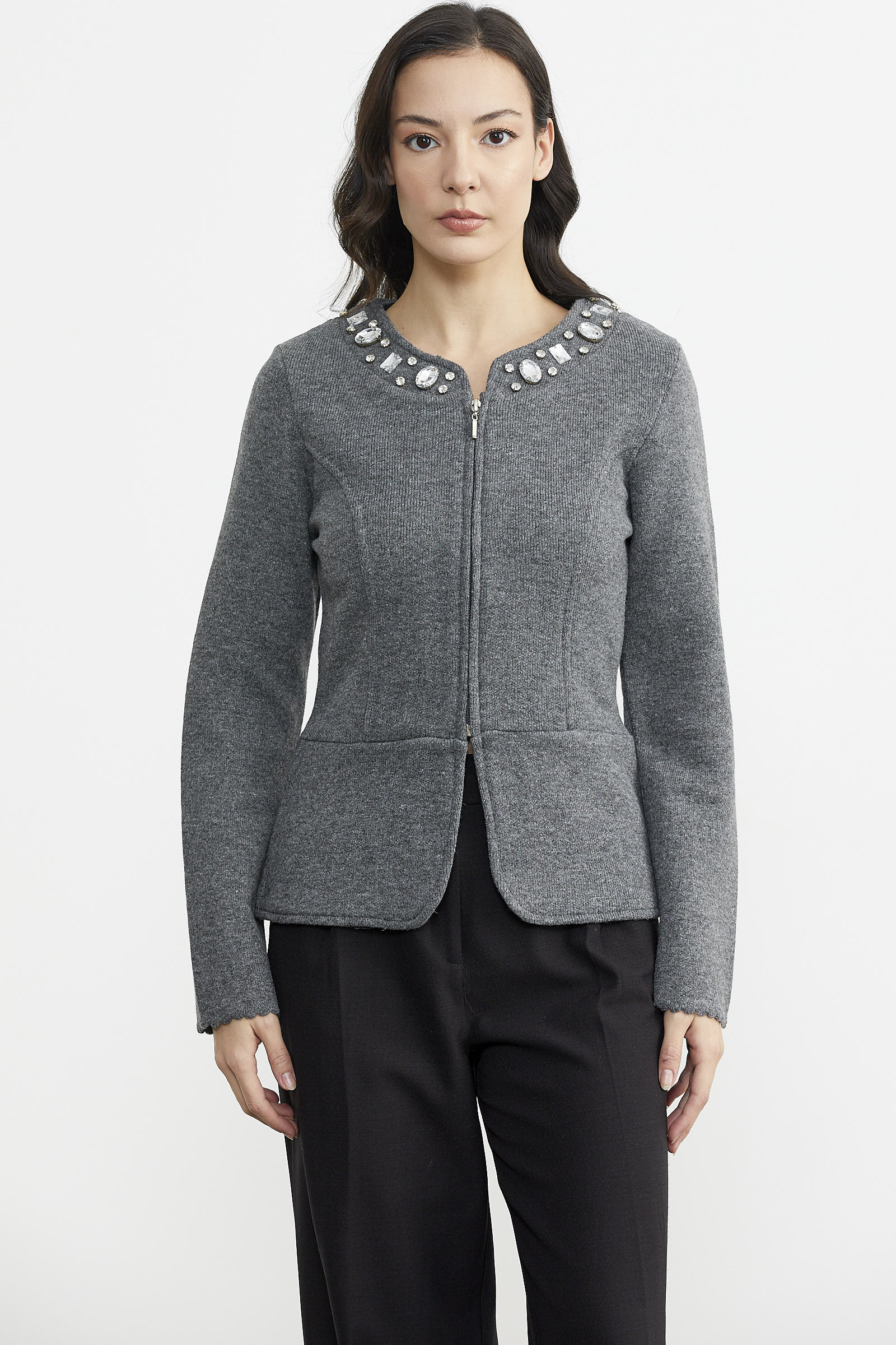 Taş Detaylı Kısa Yünlü Triko Ceket - Koyu Gri (1) Sementa