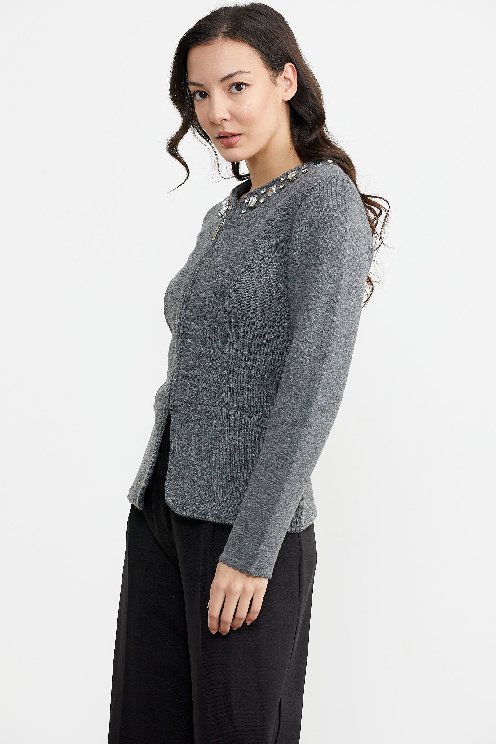 Taş Detaylı Kısa Yünlü Triko Ceket - Koyu Gri (4) Sementa