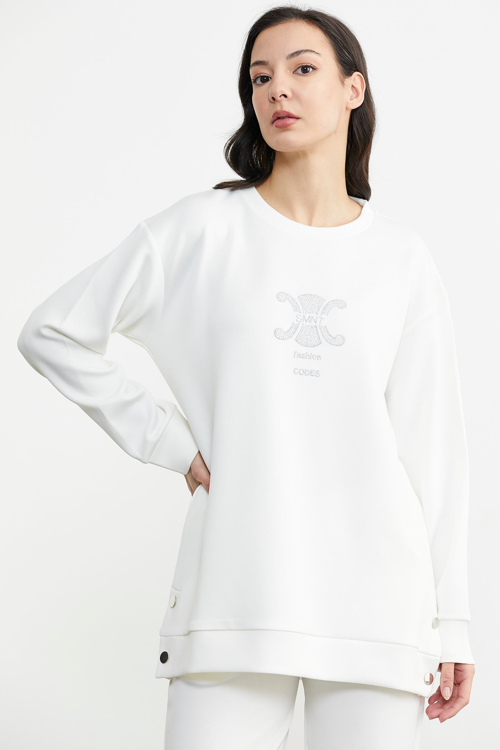 Taş Detaylı Rahat Kalıp Eşofman Takım - Ekru (2) Sementa