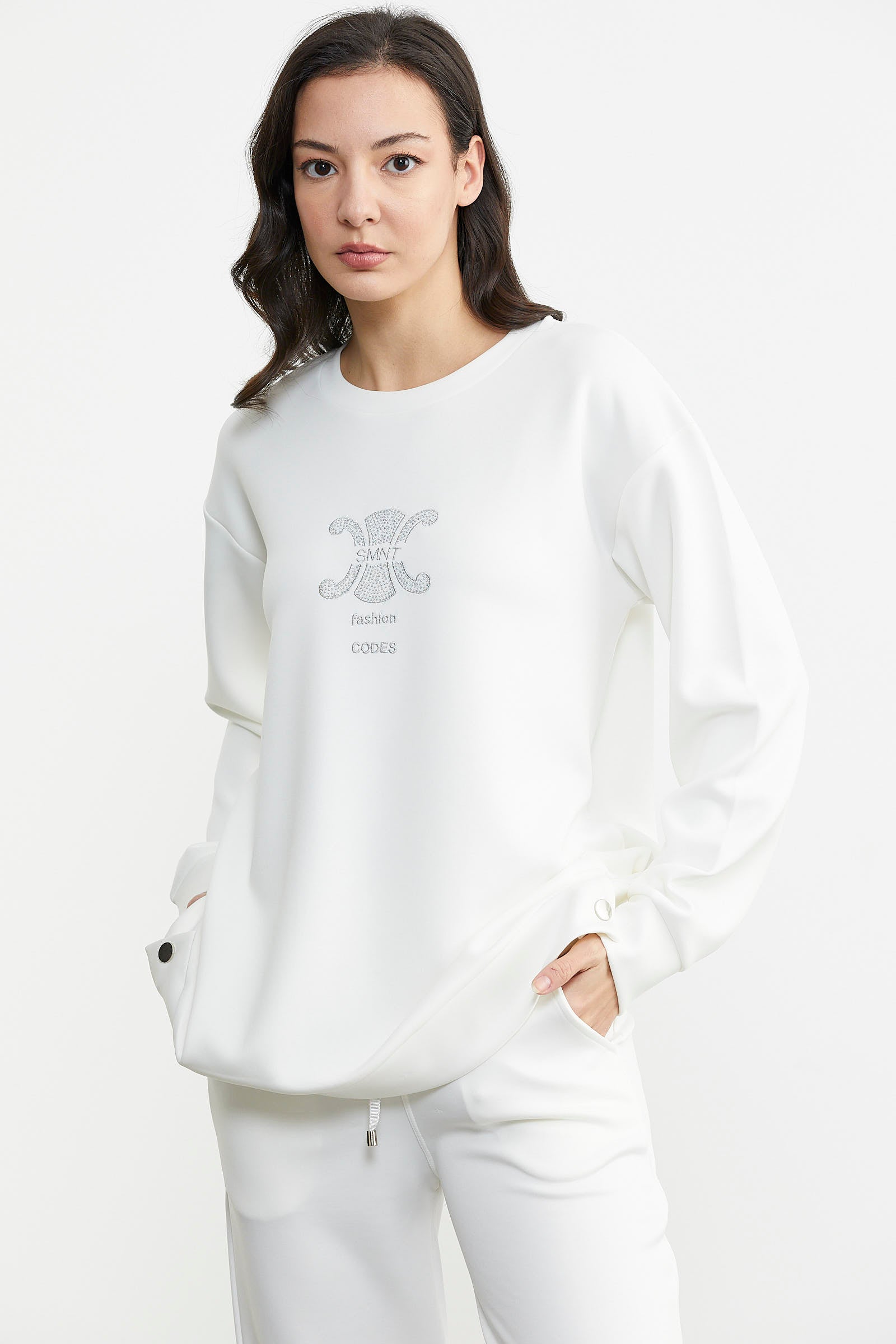 Taş Detaylı Rahat Kalıp Eşofman Takım - Ekru (5) Sementa