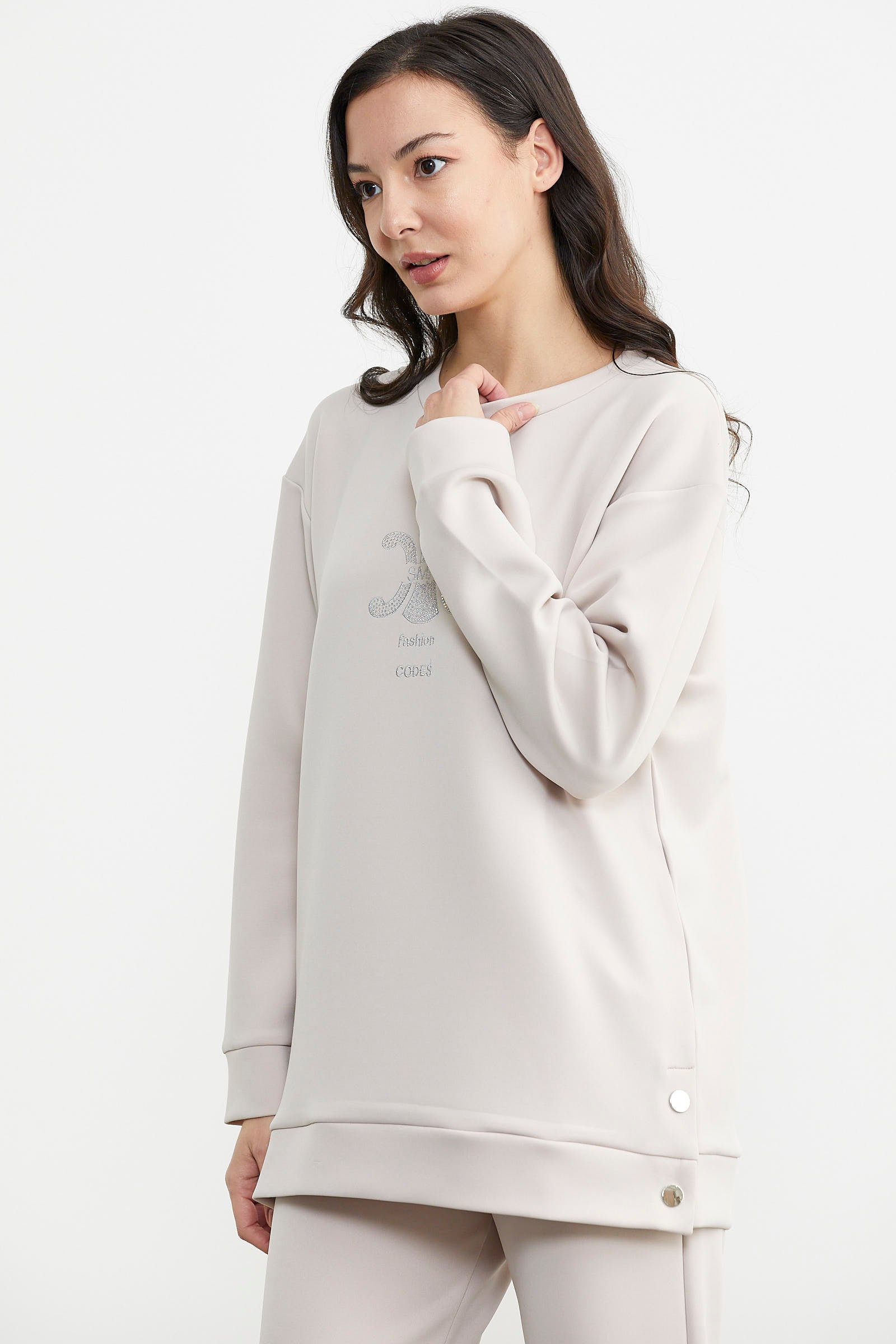 Taş Detaylı Rahat Kalıp Eşofman Takım - Taş (2) Sementa