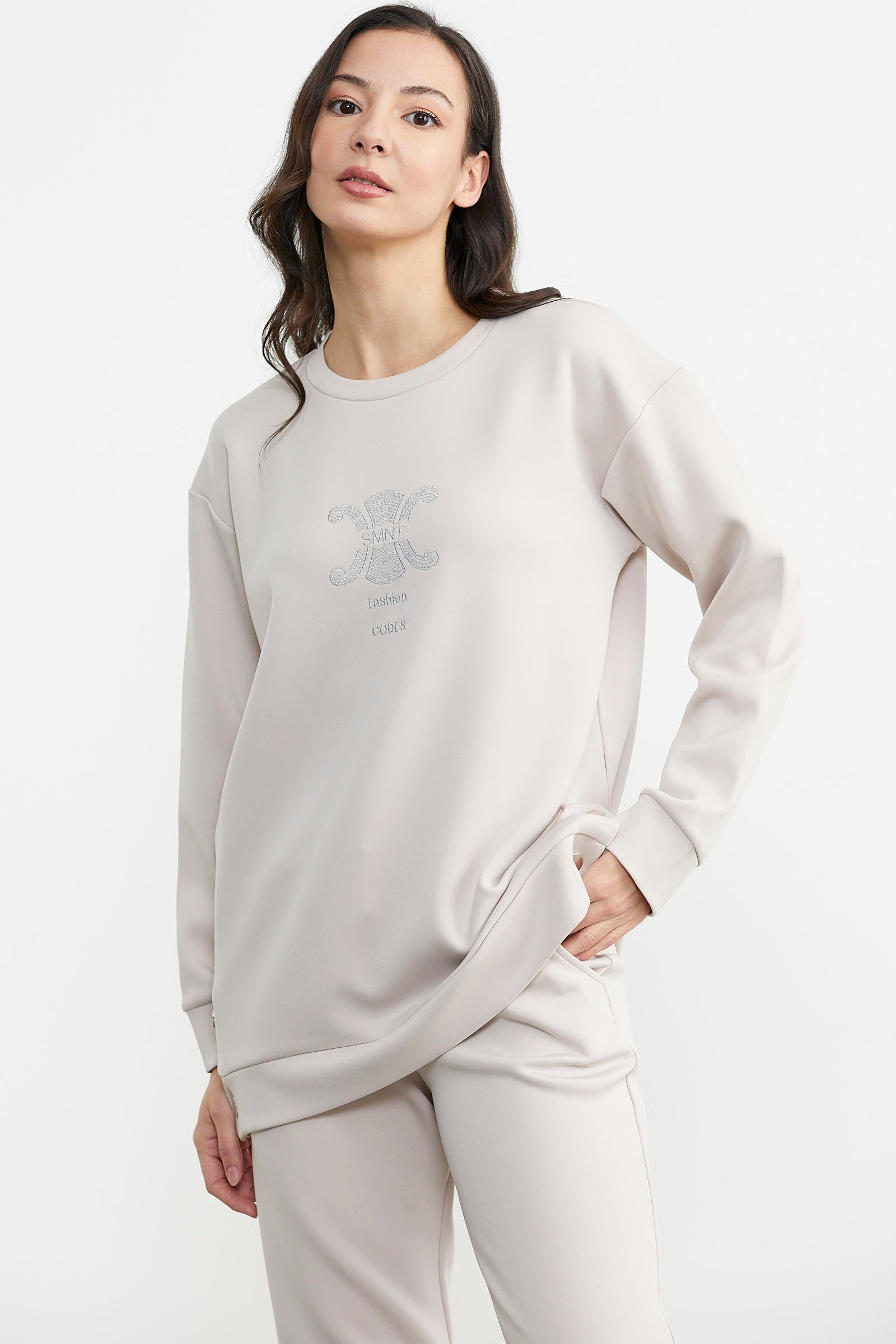 Taş Detaylı Rahat Kalıp Eşofman Takım - Taş (5) Sementa