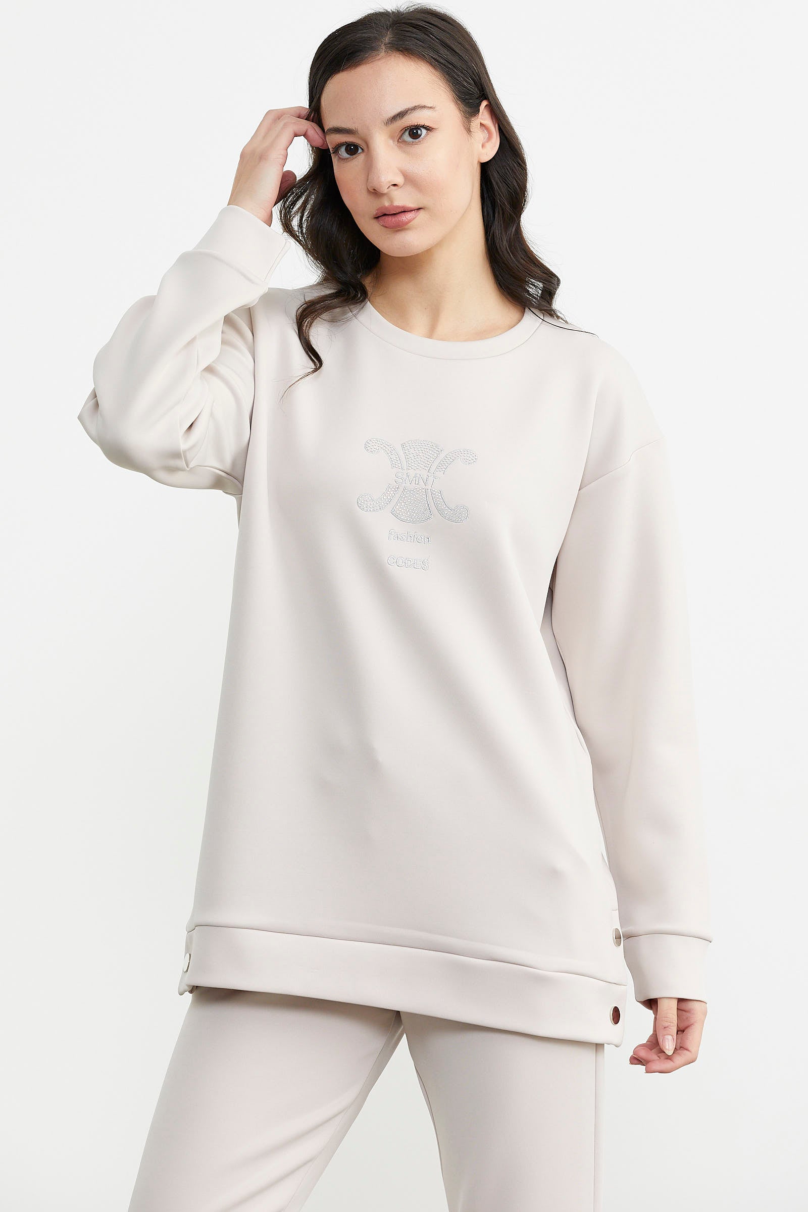 Taş Detaylı Rahat Kalıp Eşofman Takım - Taş (6) Sementa