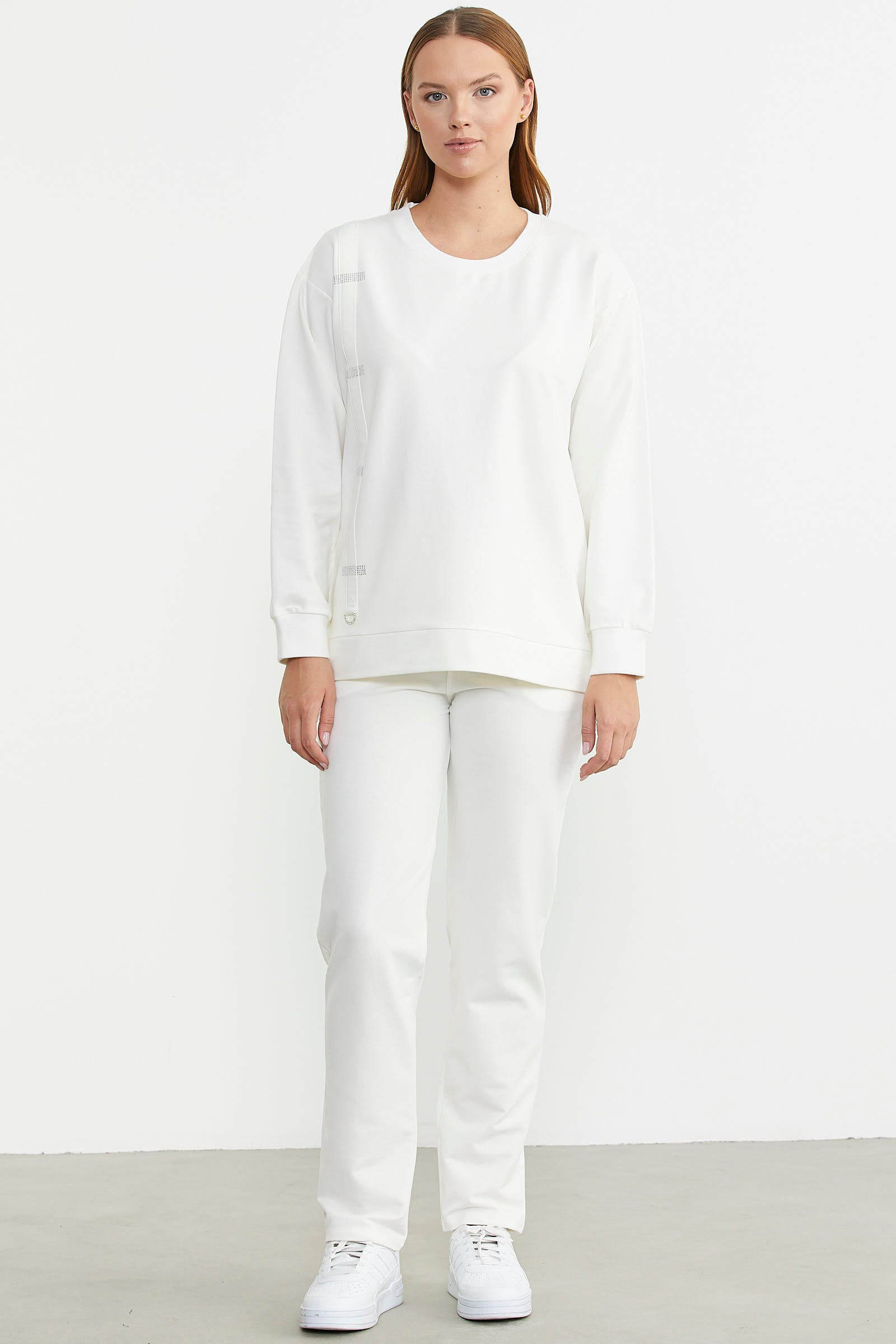 Taş Detaylı Sıfır Yaka Eşofman Takım - Ekru - Sementa