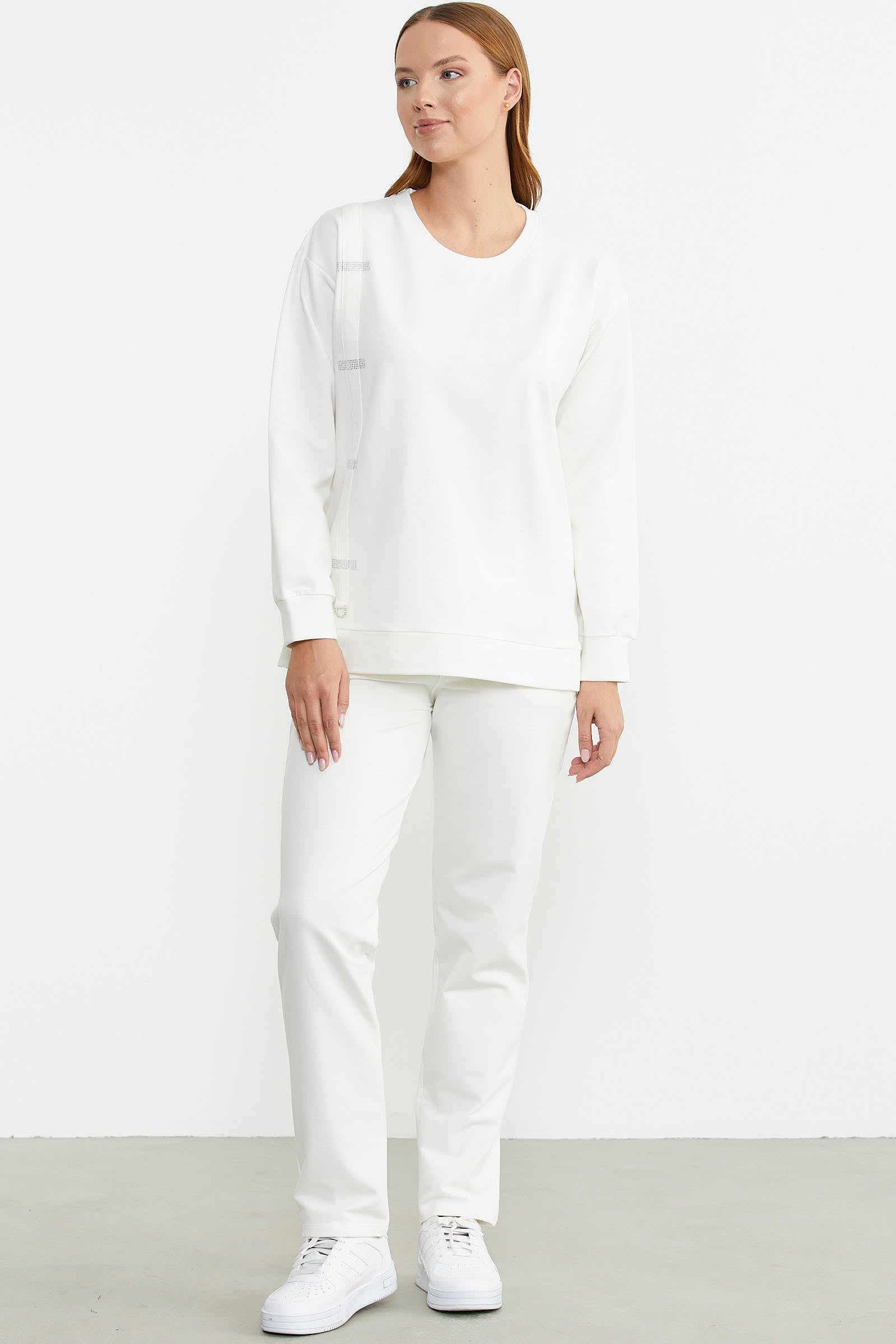 Taş Detaylı Sıfır Yaka Eşofman Takım - Ekru - Sementa