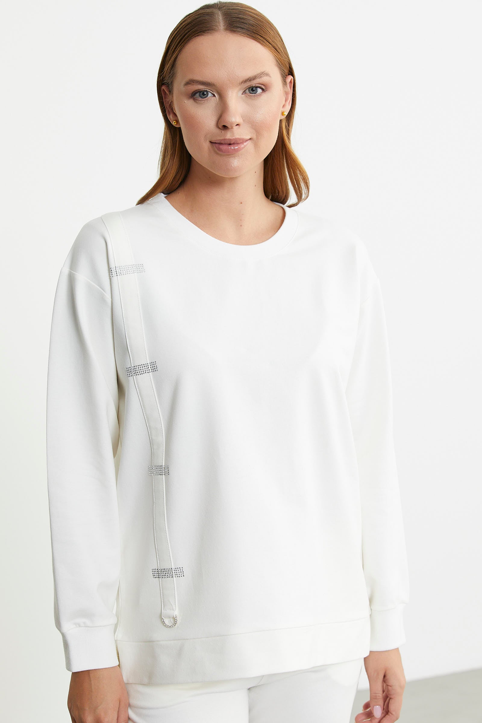 Taş Detaylı Sıfır Yaka Eşofman Takım - Ekru - Sementa