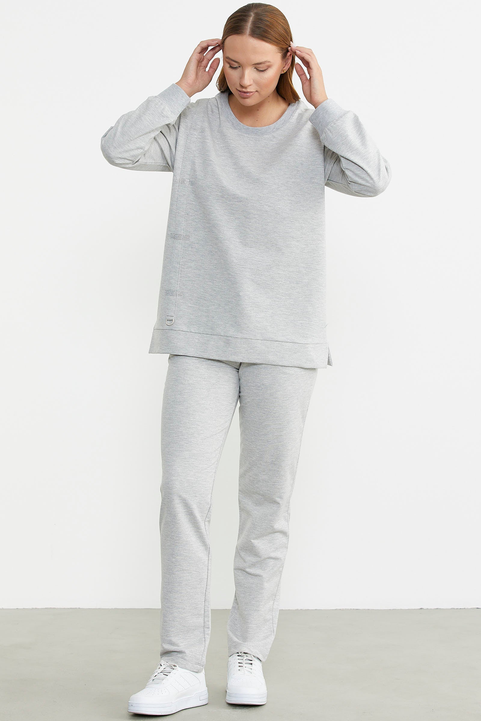 Taş Detaylı Sıfır Yaka Eşofman Takım - Gri - Sementa