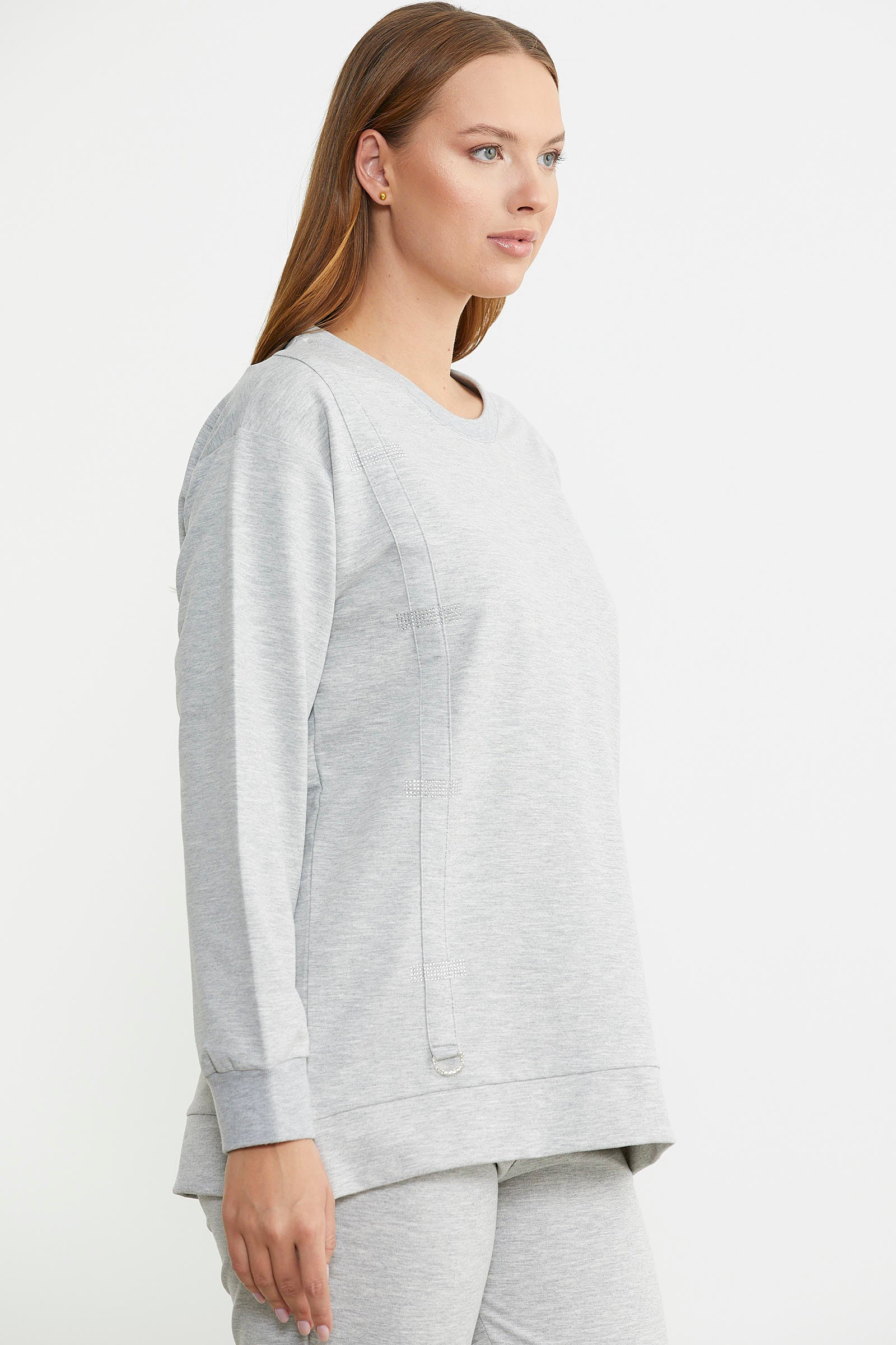 Taş Detaylı Sıfır Yaka Eşofman Takım - Gri - Sementa