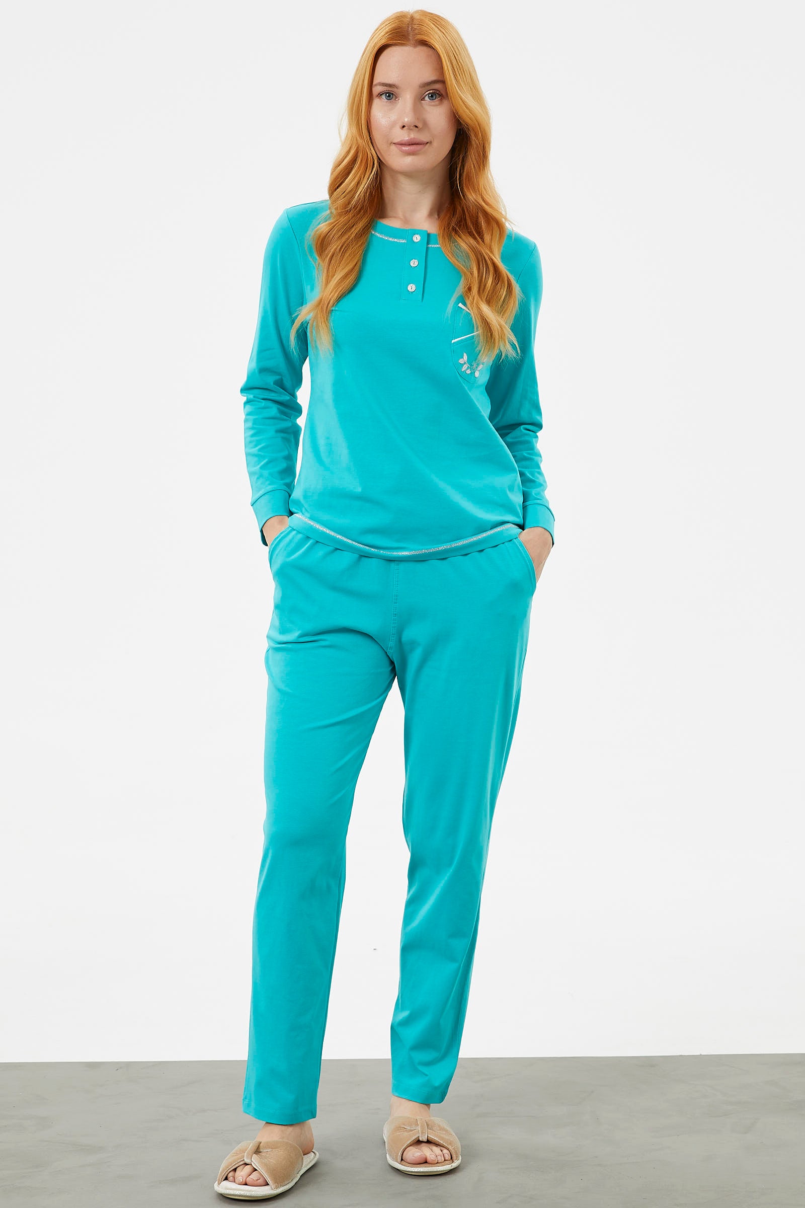 Taş Detaylı Sıfır Yaka Pijama Takımı - Mavi (1) Sementa