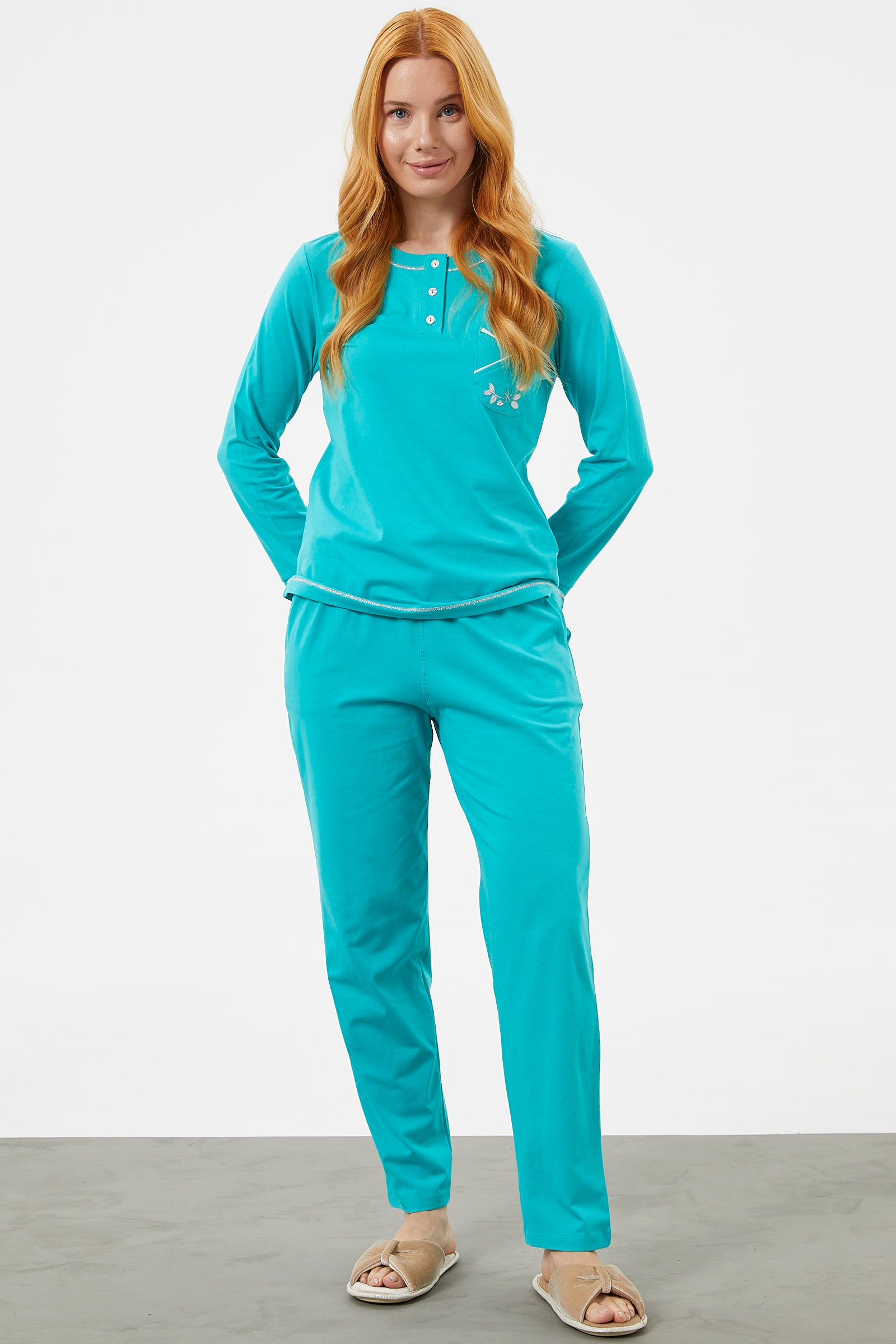 Taş Detaylı Sıfır Yaka Pijama Takımı - Mavi (3) Sementa