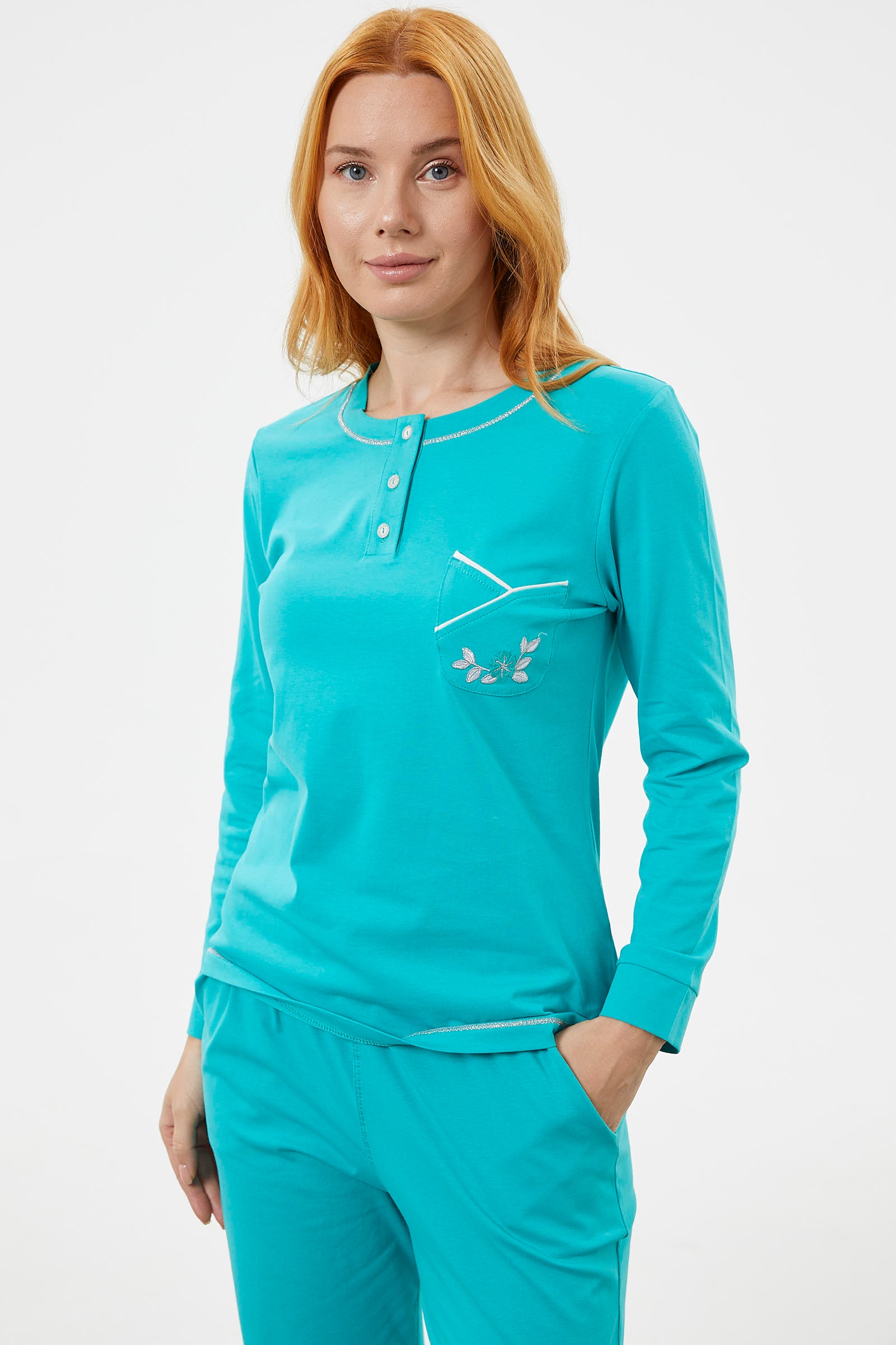 Taş Detaylı Sıfır Yaka Pijama Takımı - Mavi (4) Sementa