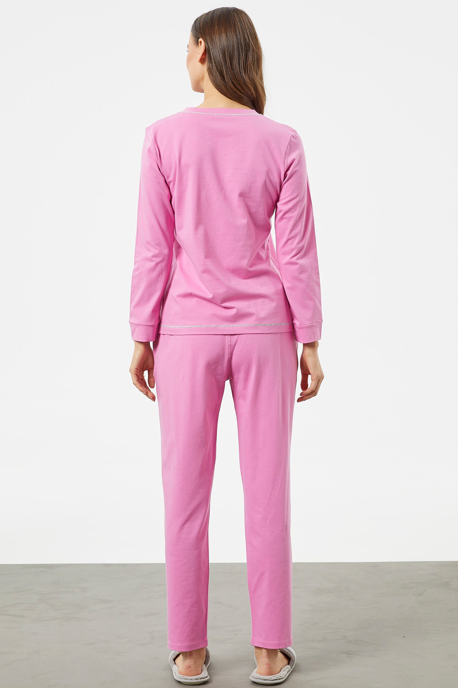 Taş Detaylı Sıfır Yaka Pijama Takımı - Pembe (5) Sementa