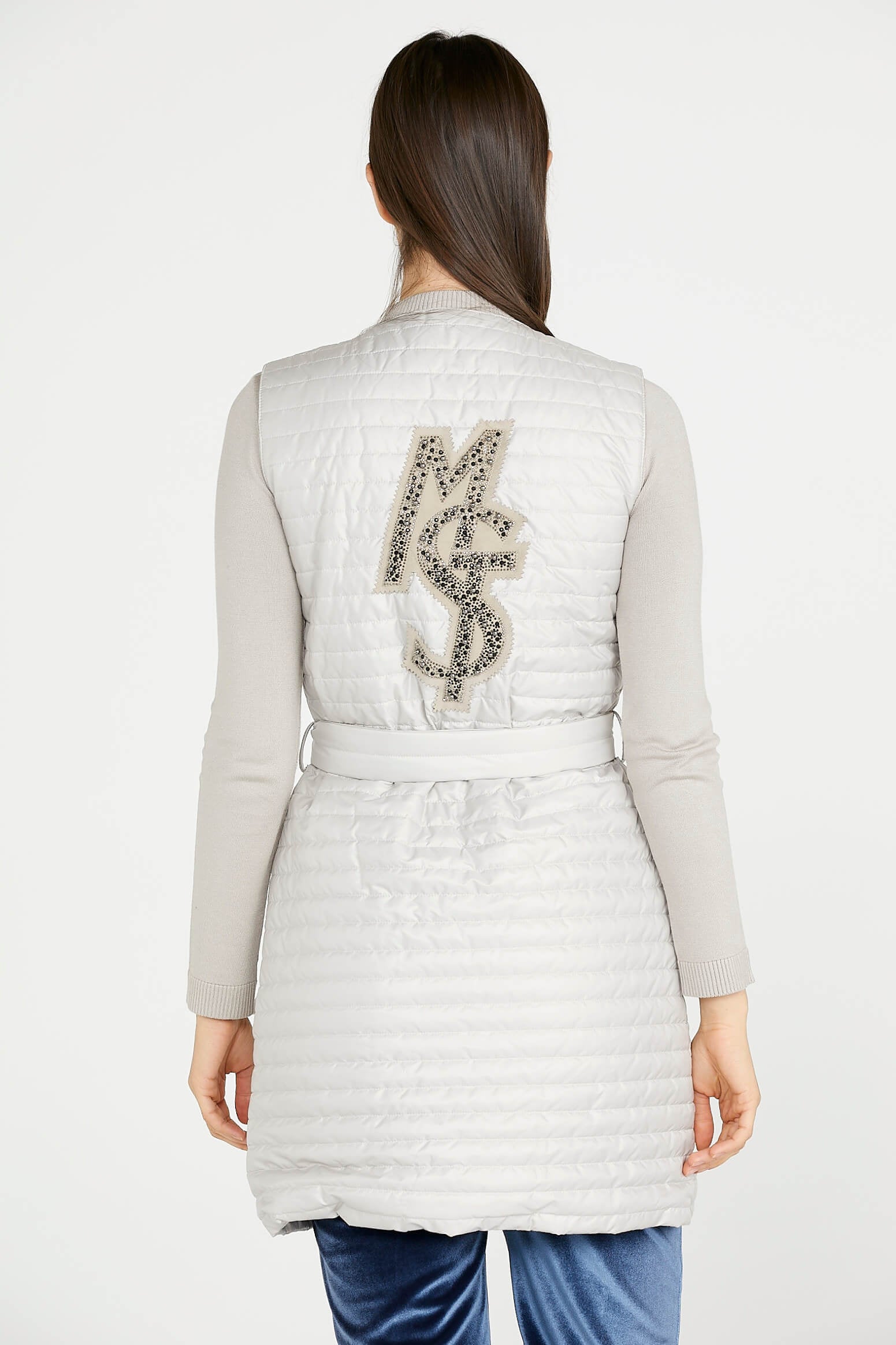 Taş Detaylı Uzun Kapitoneli Yelek - Kemik (4) Sementa