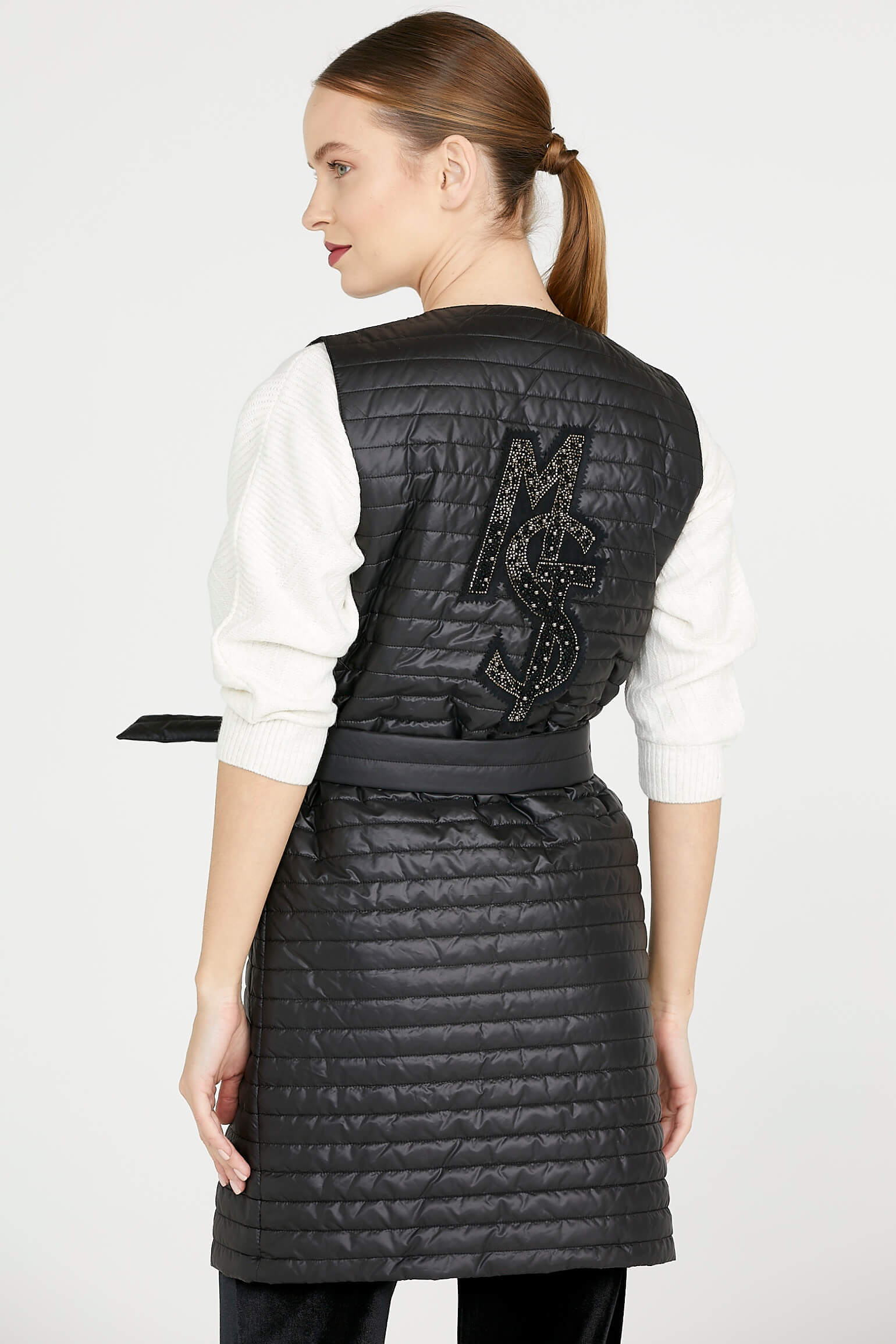 Taş Detaylı Uzun Kapitoneli Yelek - Siyah (4) Sementa