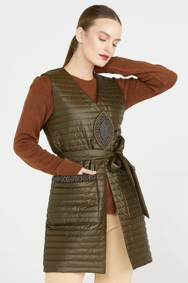 Taş Detaylı Uzun Kapitoneli Yelek - Yeşil (6) Sementa