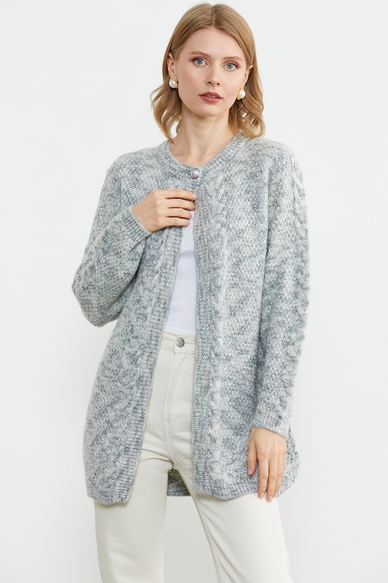 Tek Düğme Uzun Triko Hırka - Açık Gri (2) Sementa