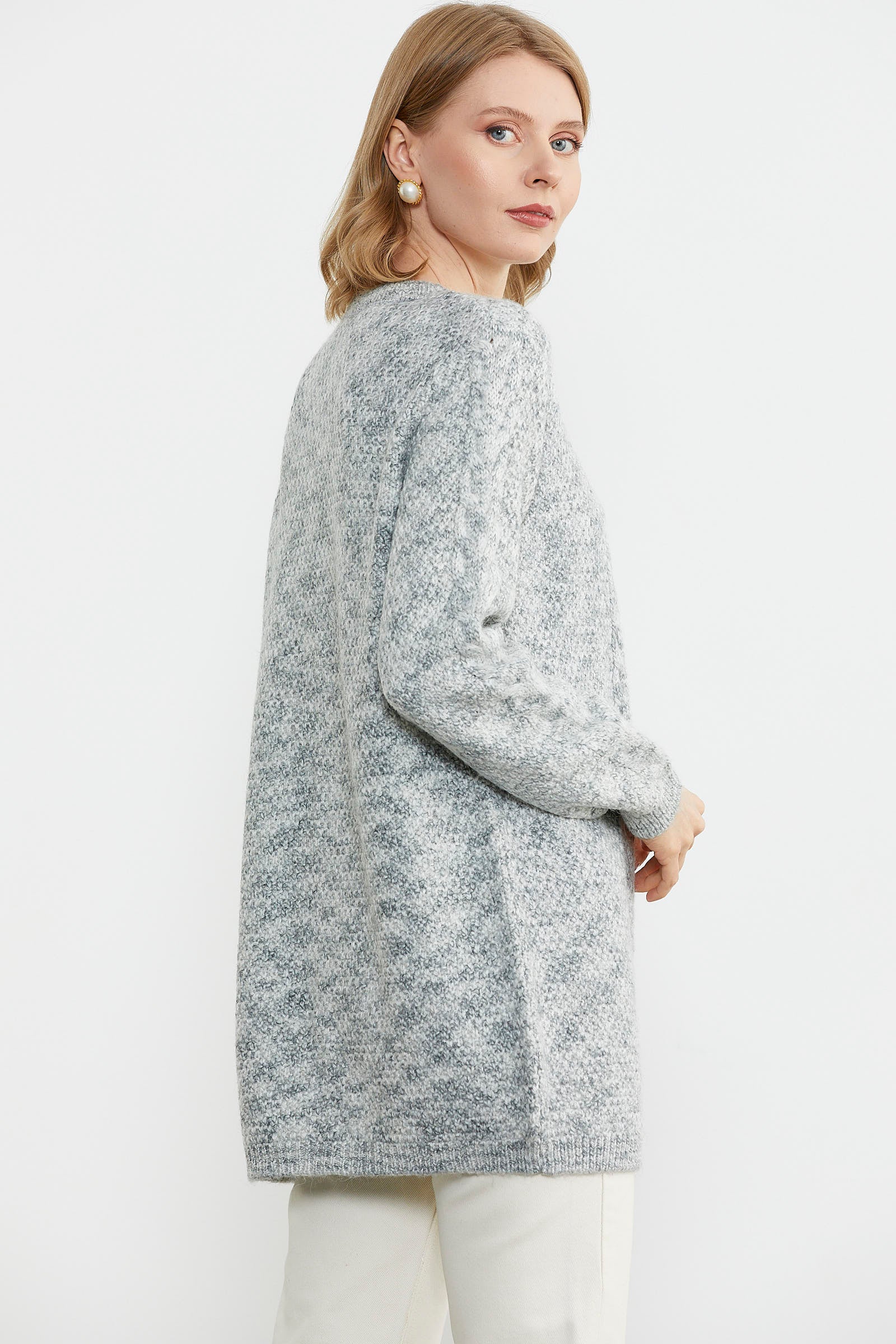 Tek Düğme Uzun Triko Hırka - Açık Gri (4) Sementa