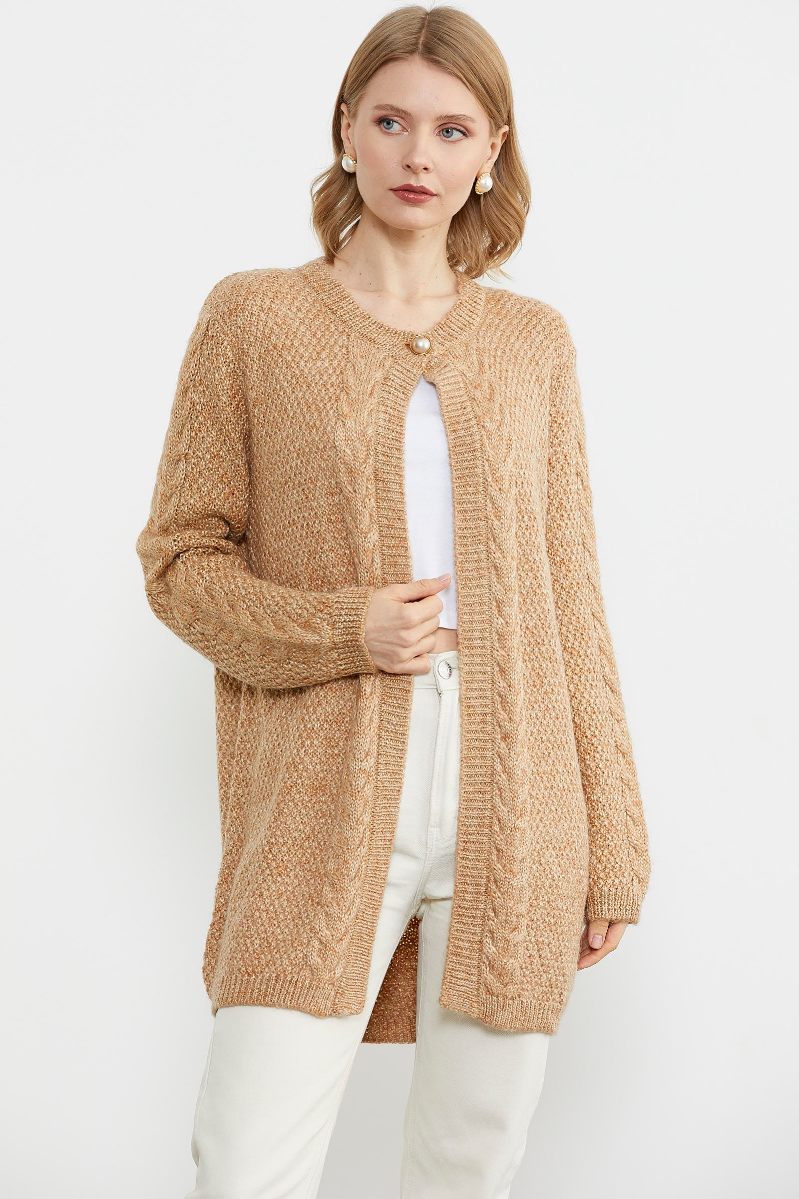 Tek Düğme Uzun Triko Hırka - Kamel (1) Sementa